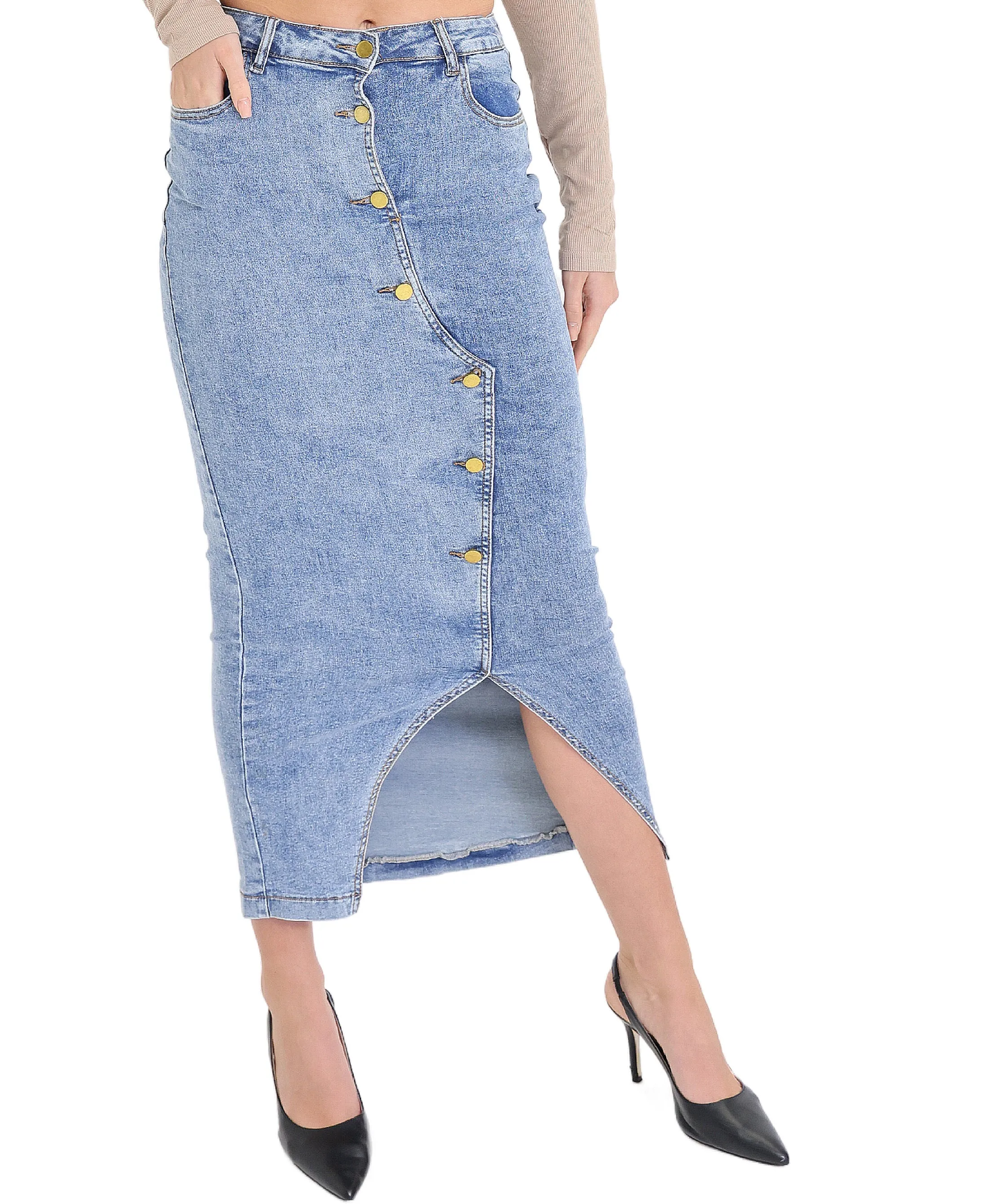 Denim Midi Skirt w/ Buttons