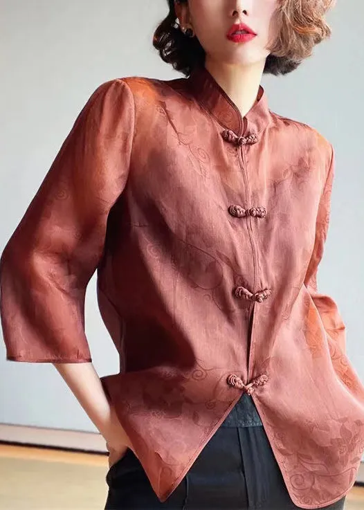 Elegant Brown Stand Collar Button Print Silk Blouses Summer QA1070