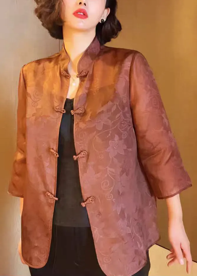 Elegant Brown Stand Collar Button Print Silk Blouses Summer QA1070