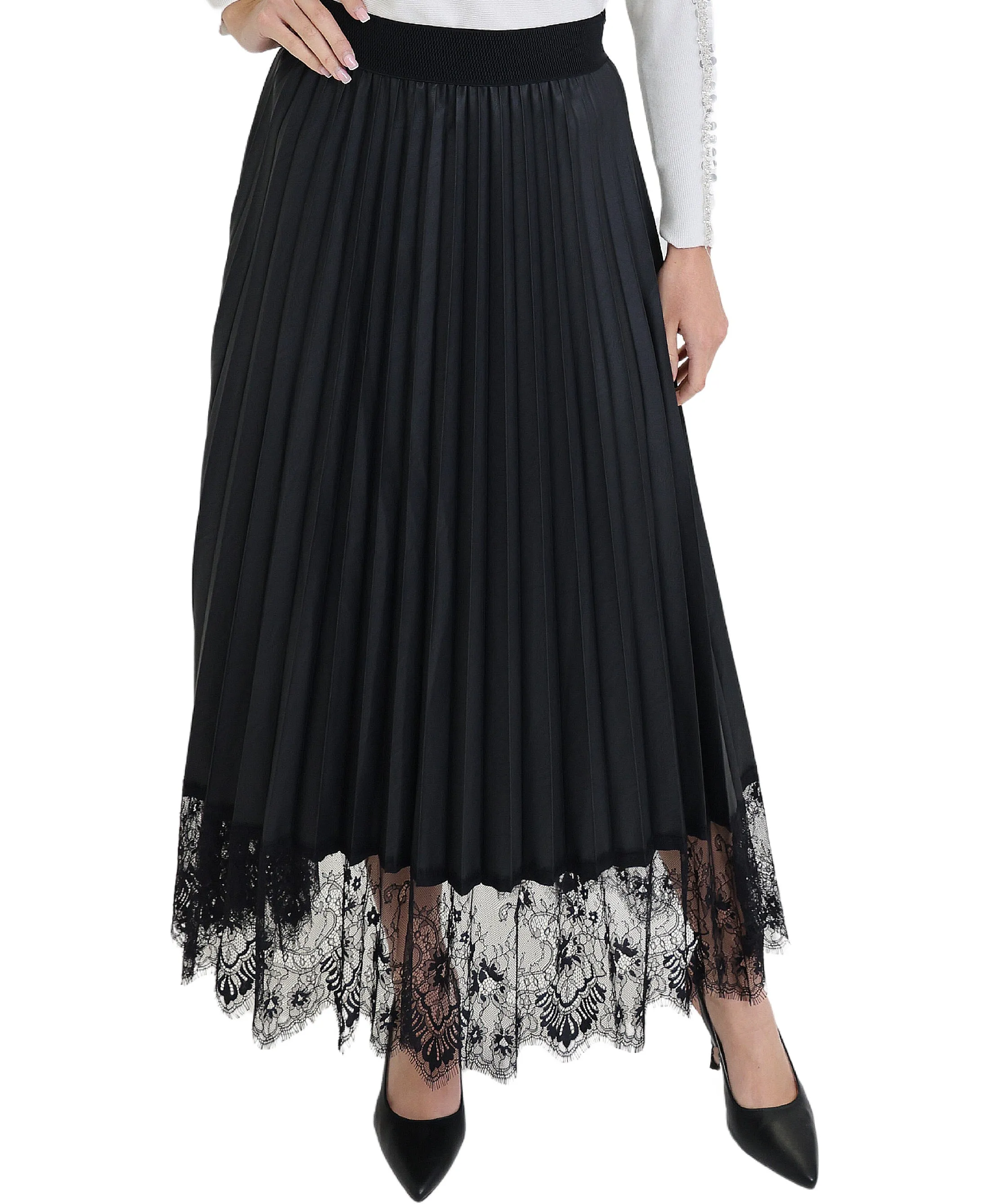 Faux Leather Pleated Maxi Skirt w/ Lace Trim