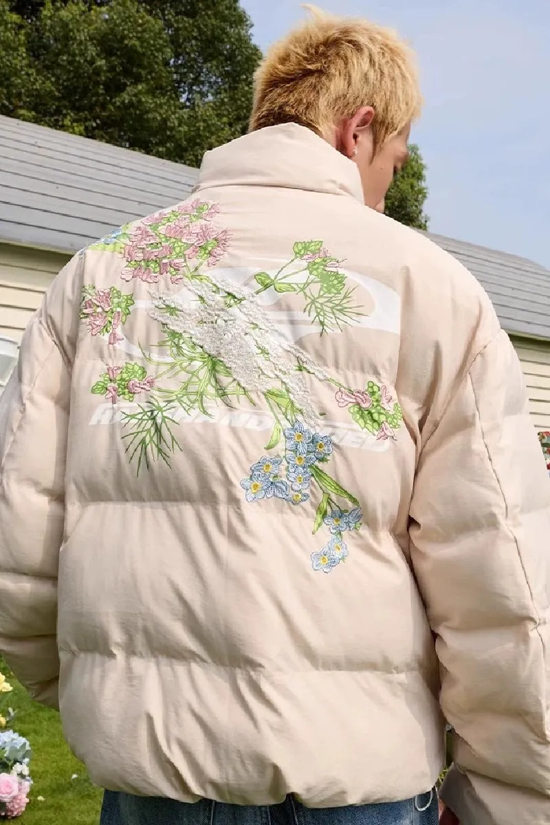 Floral Logo Embroidered Puffer Jacket