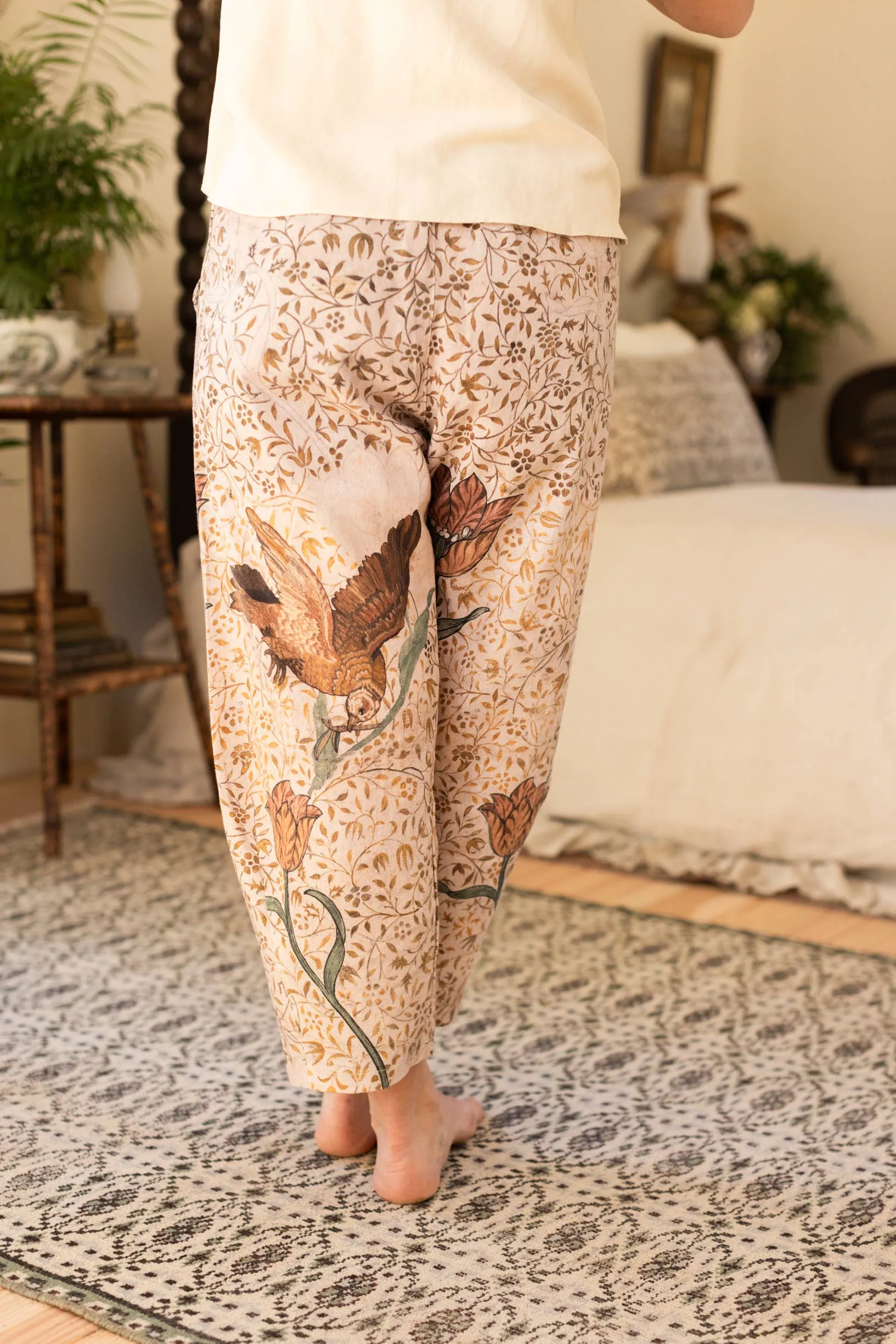 Folklore Boho Linen Floral & Bird Cropped Artist Pants