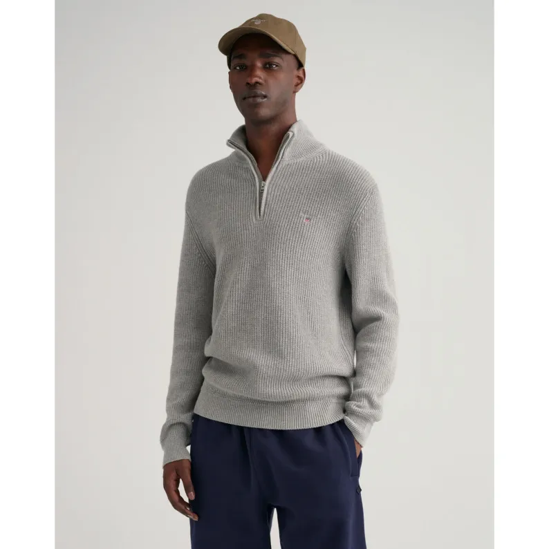 GANT Cotton Wool Ribbed Half-Zip Sweater Grey Melange 8060039