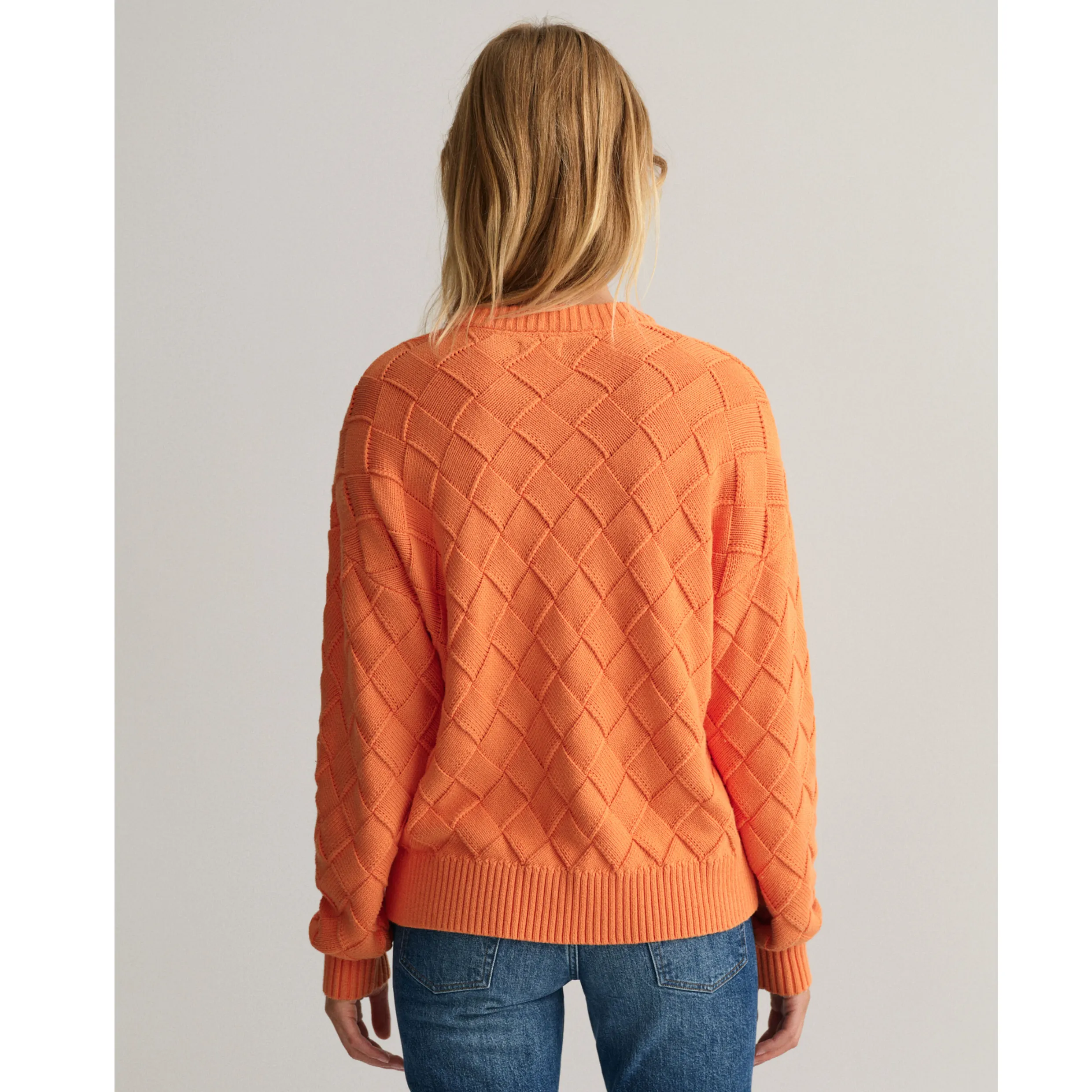 GANT Weave Knit Crew Neck Sweater in Apricot Orange 4144