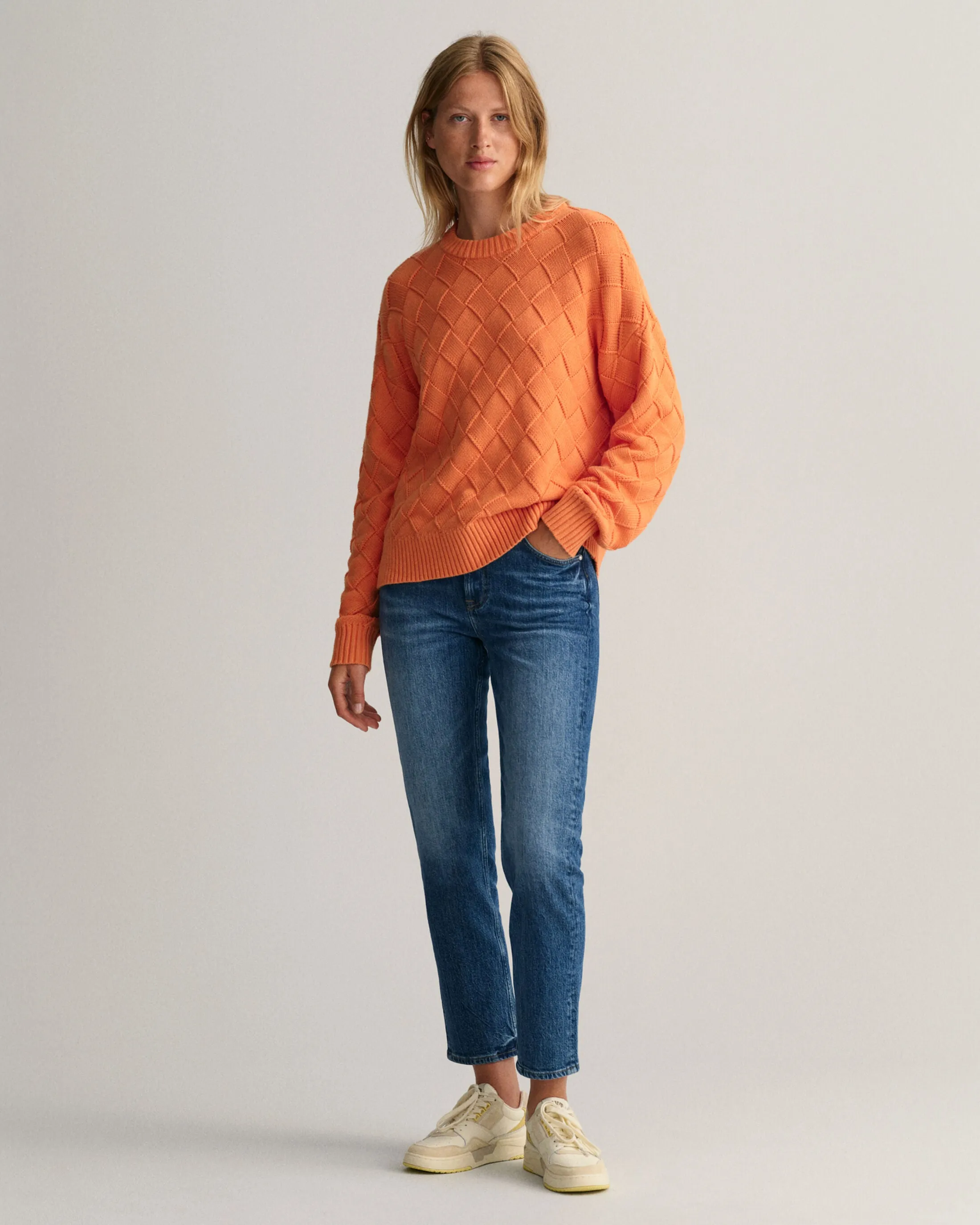 GANT Weave Knit Crew Neck Sweater in Apricot Orange 4144