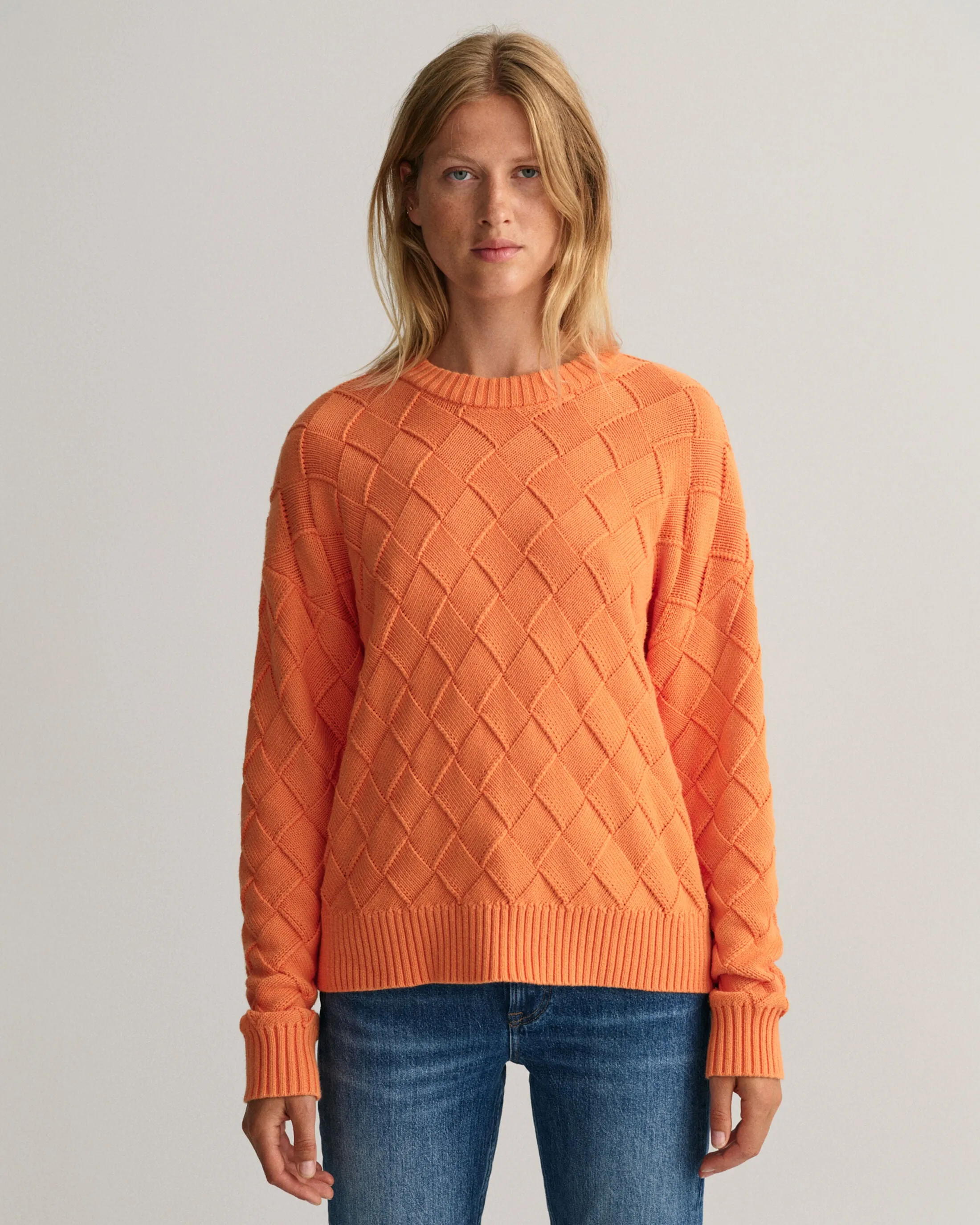 GANT Weave Knit Crew Neck Sweater in Apricot Orange 4144