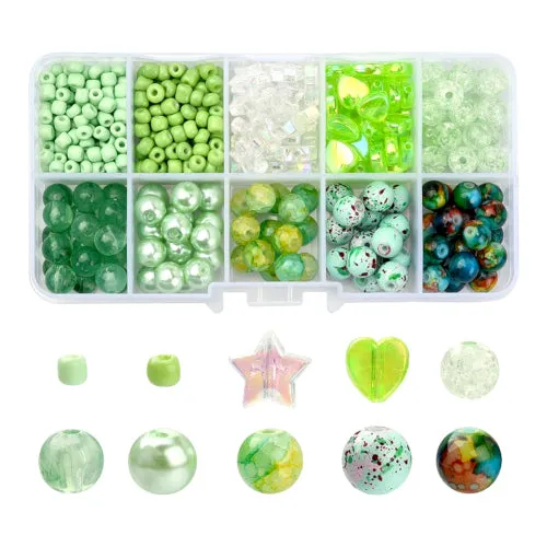 Jewelry Making Kit, Green, Round, Stars, Hearts, Acrylic And Glass Beads