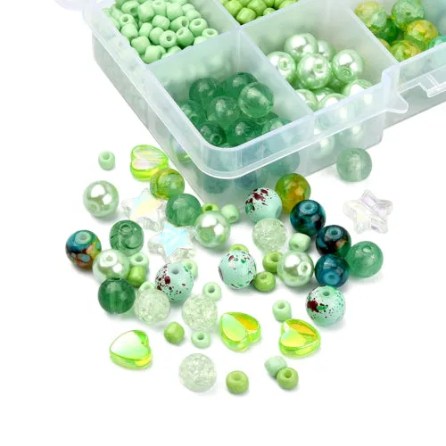 Jewelry Making Kit, Green, Round, Stars, Hearts, Acrylic And Glass Beads