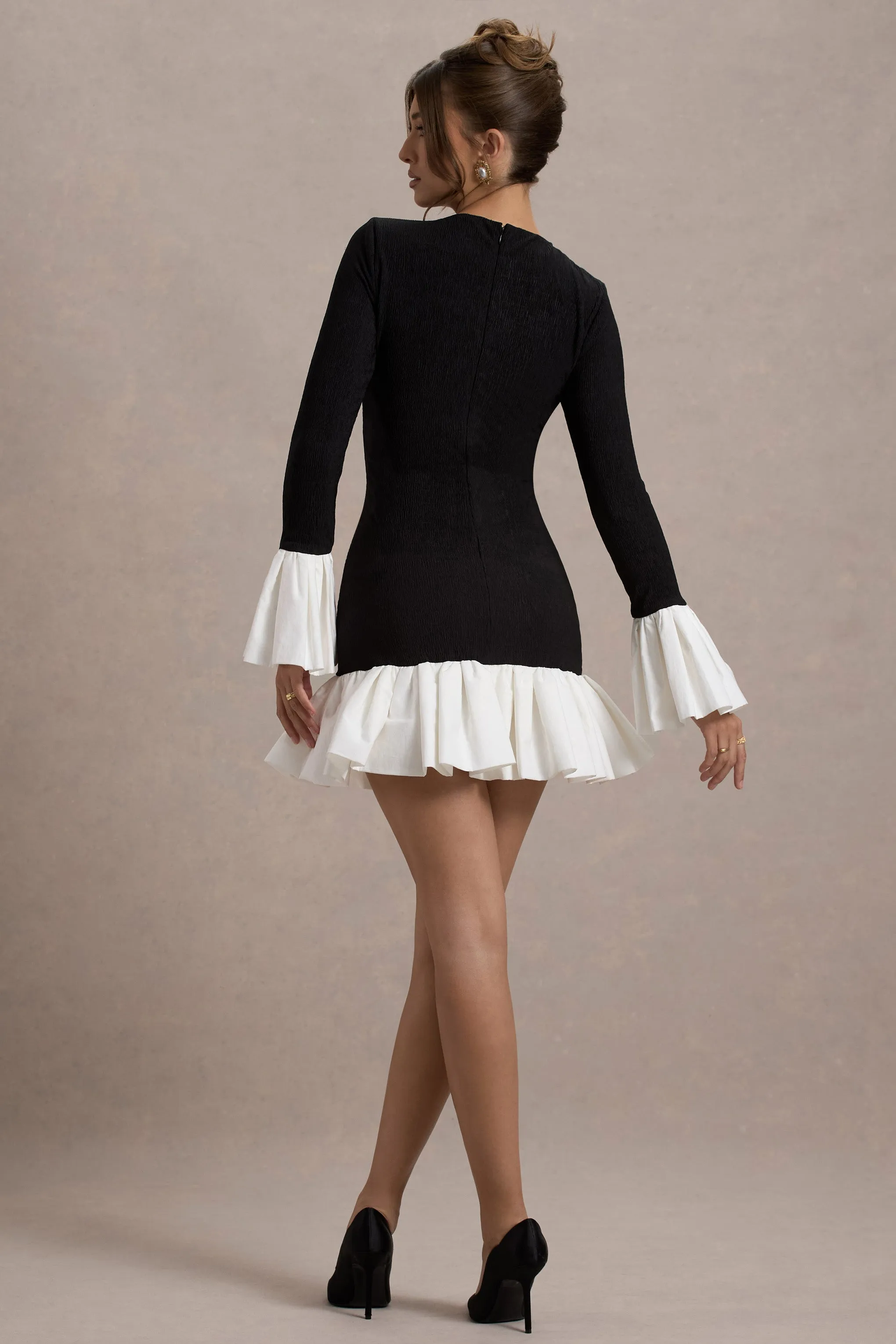 Josefina | Black Long-Sleeve Mini Dress With White Satin Trims