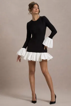 Josefina | Black Long-Sleeve Mini Dress With White Satin Trims