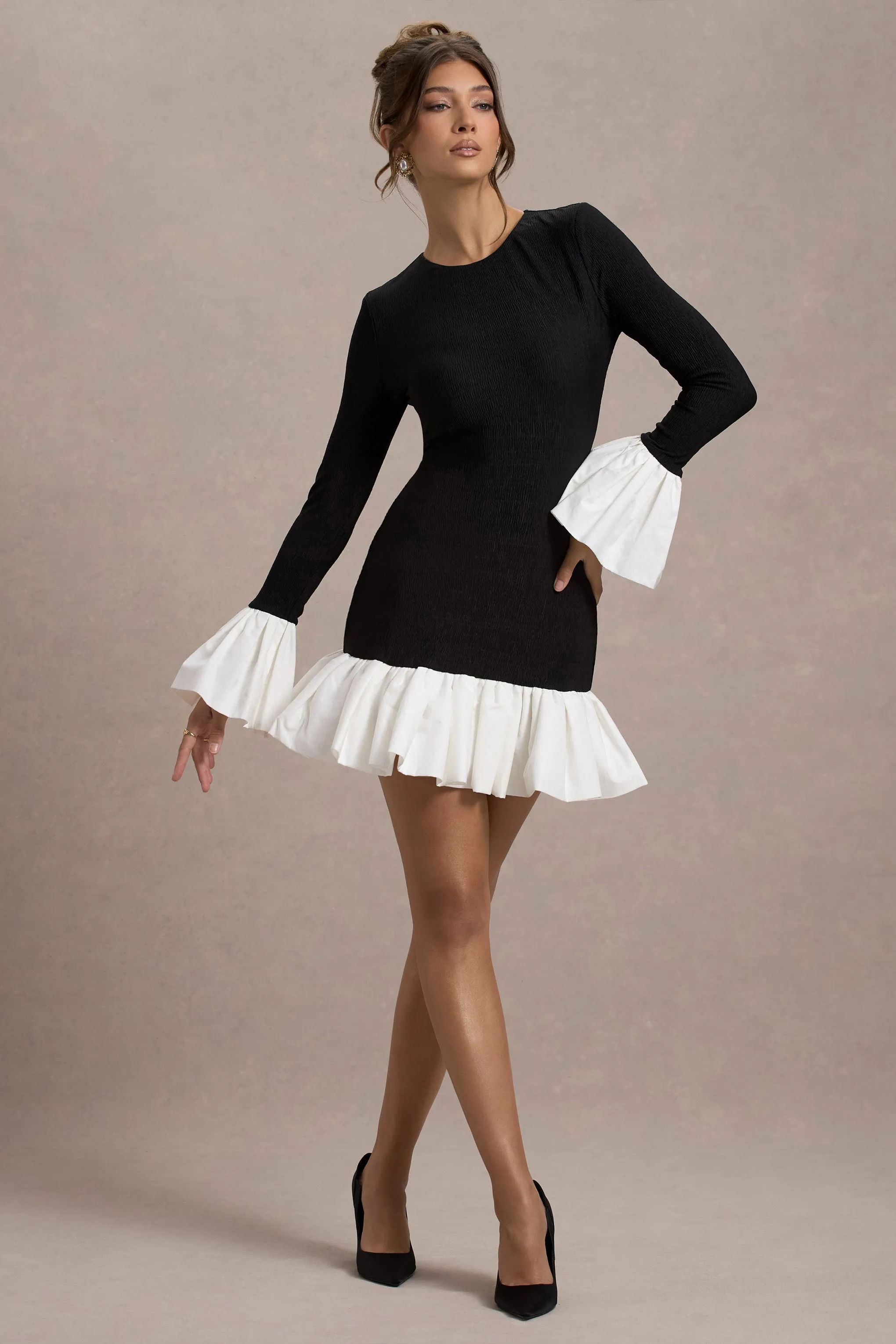 Josefina | Black Long-Sleeve Mini Dress With White Satin Trims