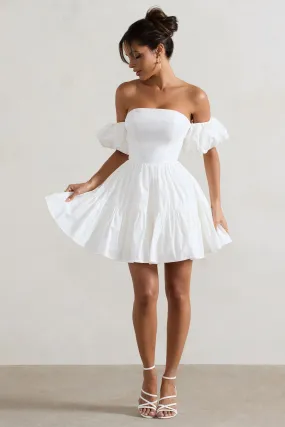 Lani | White Poplin Bardot Tiered Mini Dress With Puff Sleeves