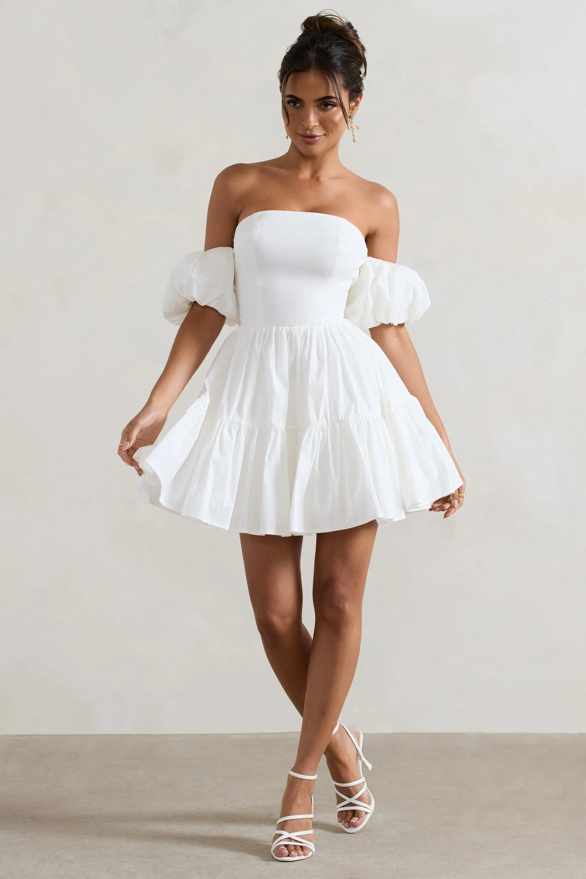 Lani | White Poplin Bardot Tiered Mini Dress With Puff Sleeves