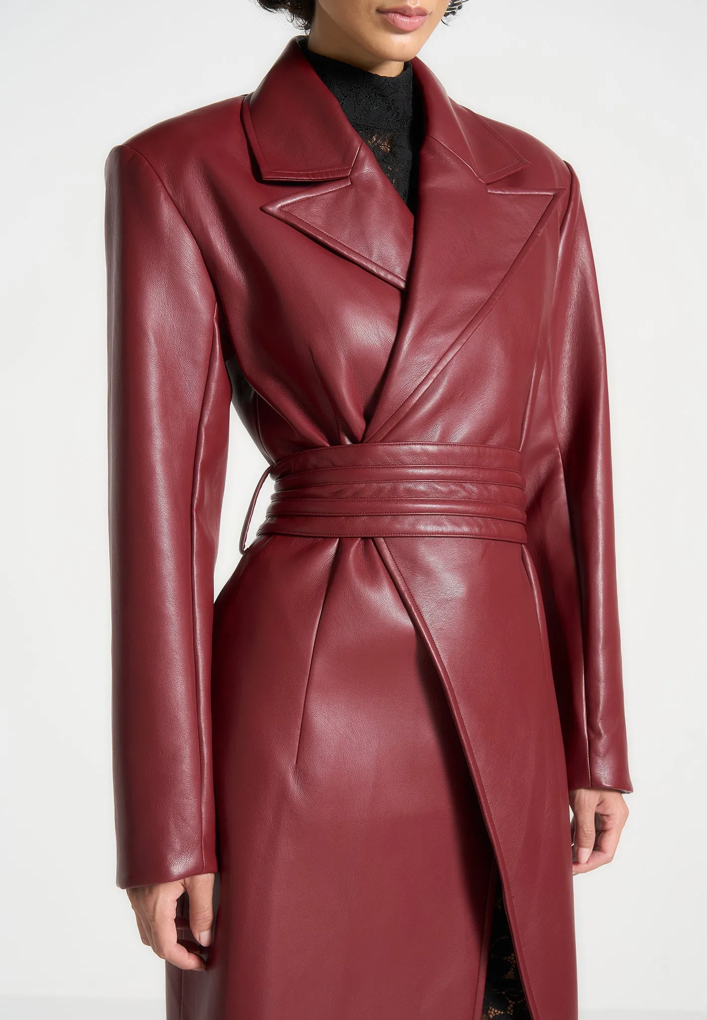 Leather Asymmetric Belted Coat - Wine Red