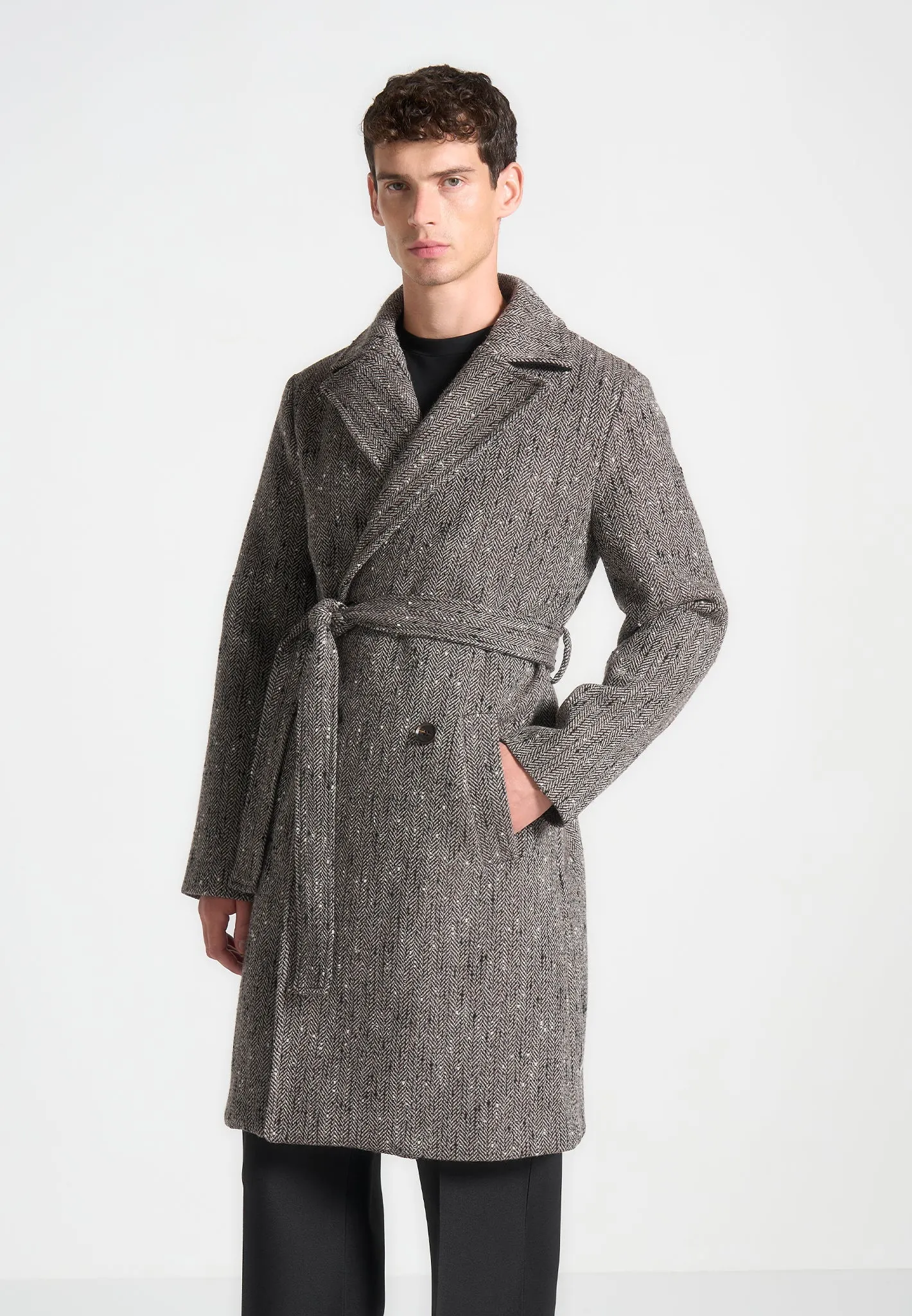 Limited Edition Herringbone Wool Double Breasted Coat - Brown