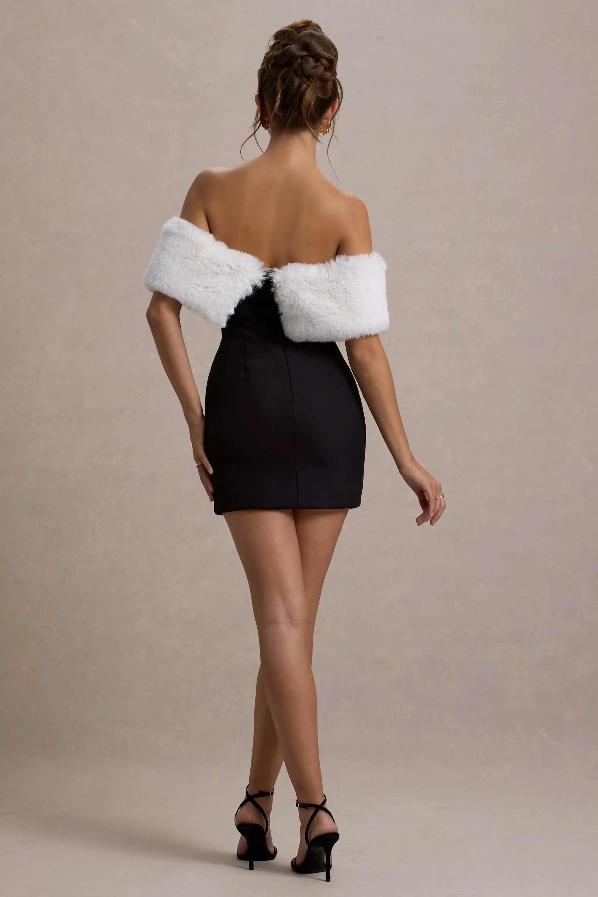 Little Luxe | Black Bardot Mini Dress With White Fur Trim