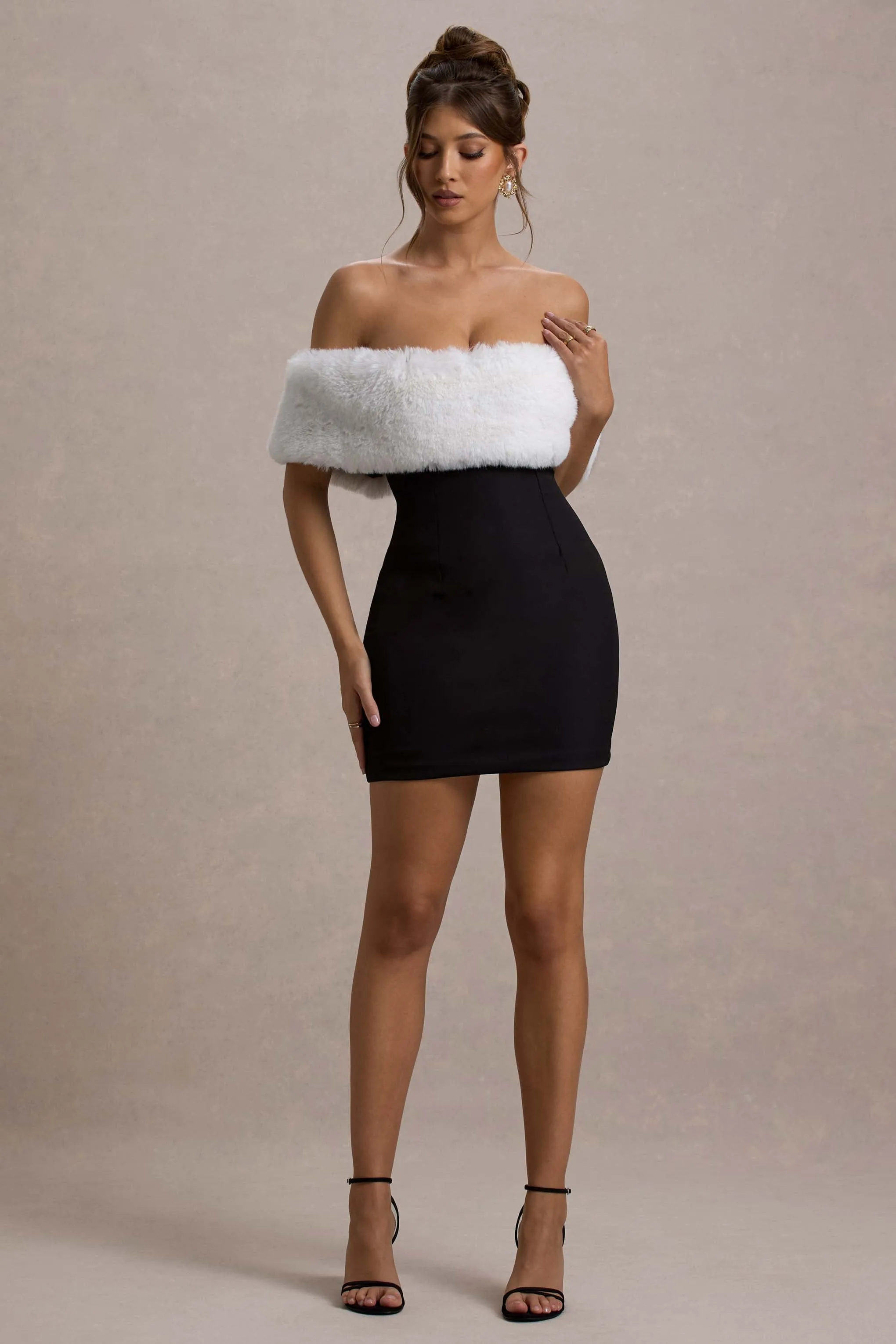 Little Luxe | Black Bardot Mini Dress With White Fur Trim