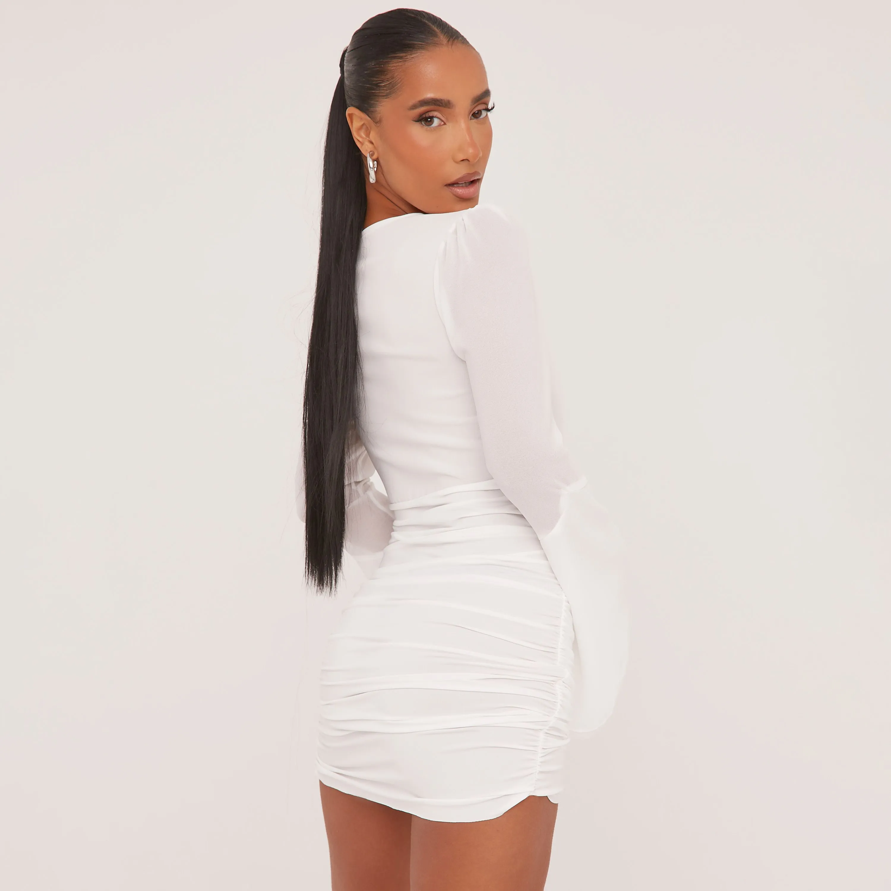 Long Flared Sleeve Plunge Wrap Mini Dress In White Mesh