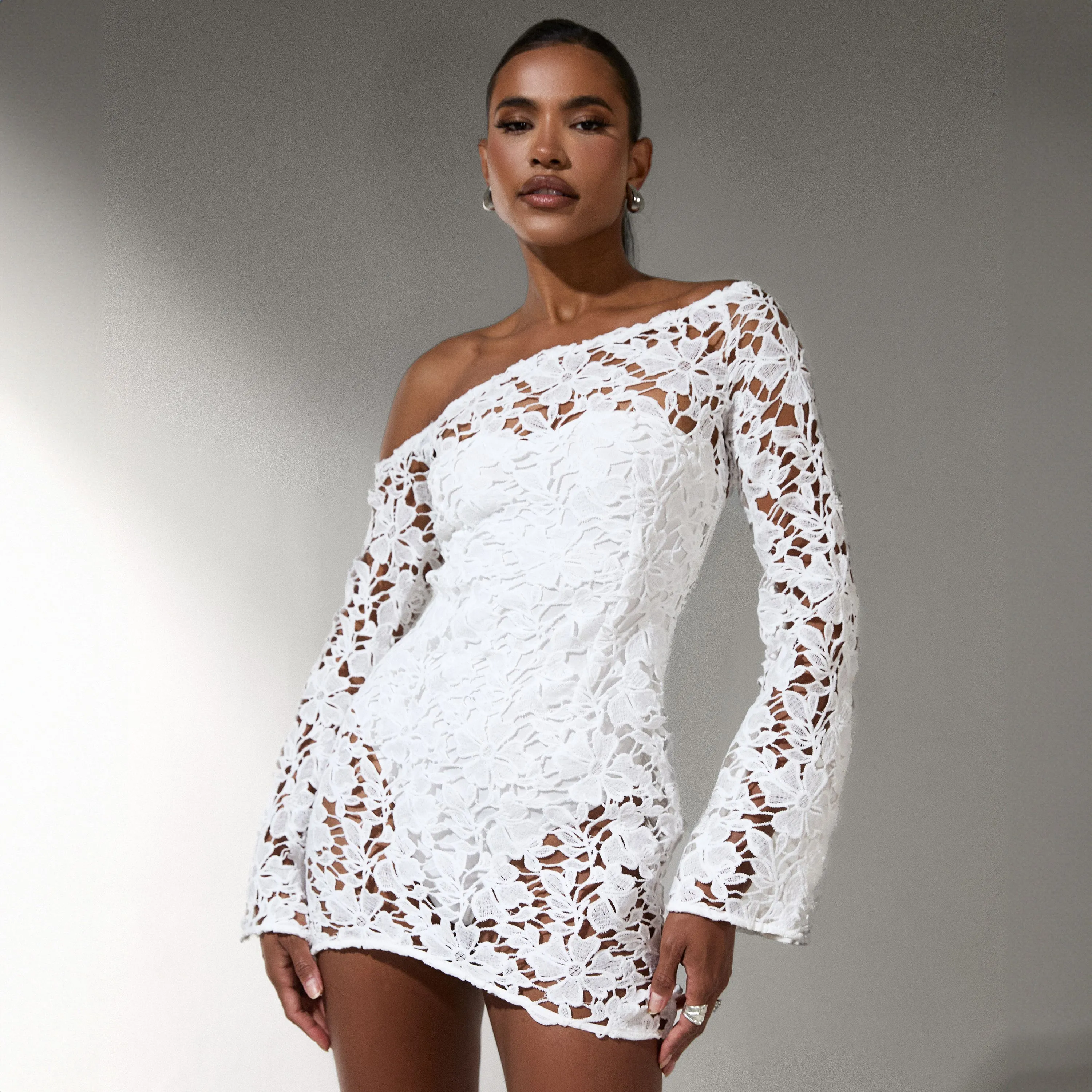 Long Sleeve One Shoulder Mini Bodycon Dress In White Textured Lace