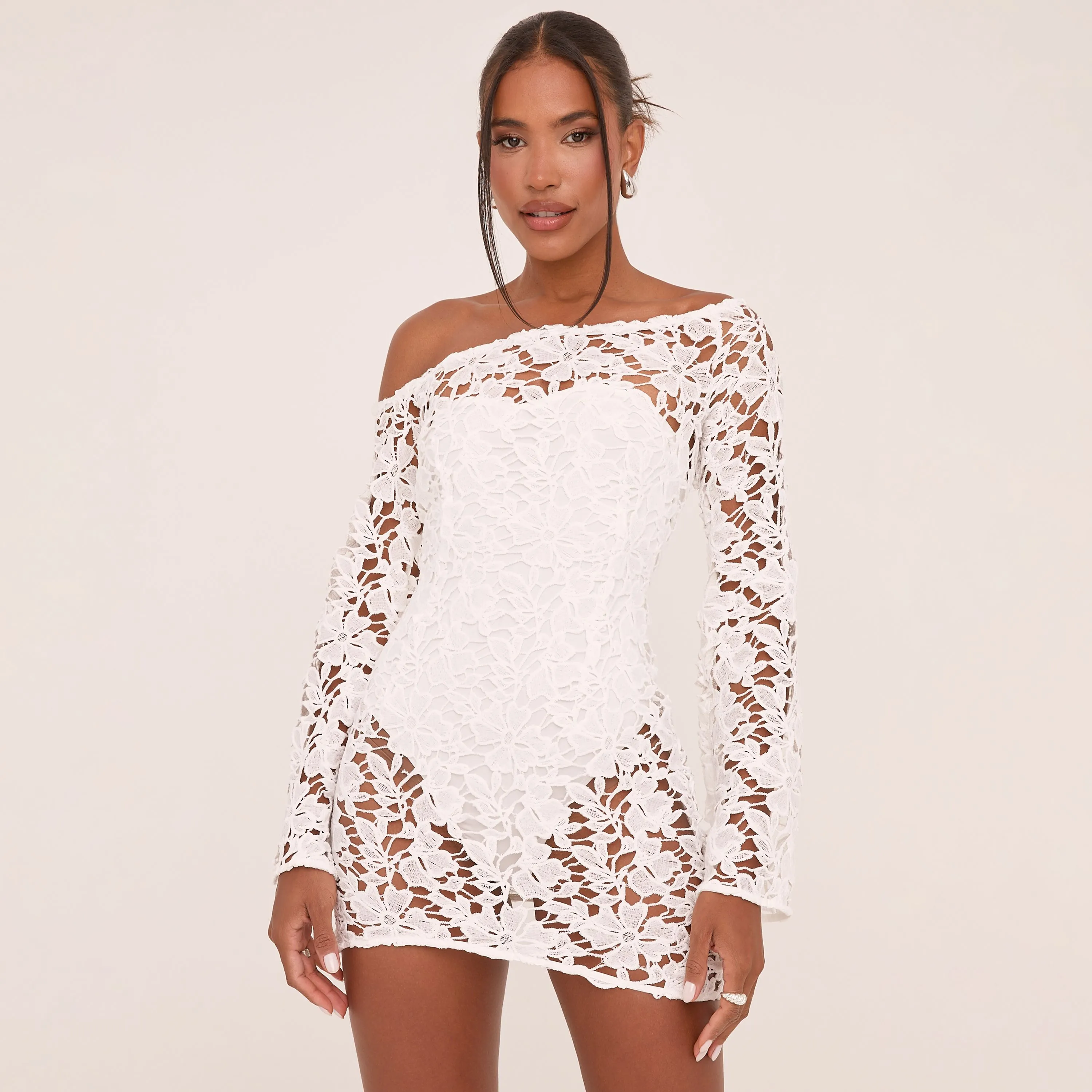 Long Sleeve One Shoulder Mini Bodycon Dress In White Textured Lace