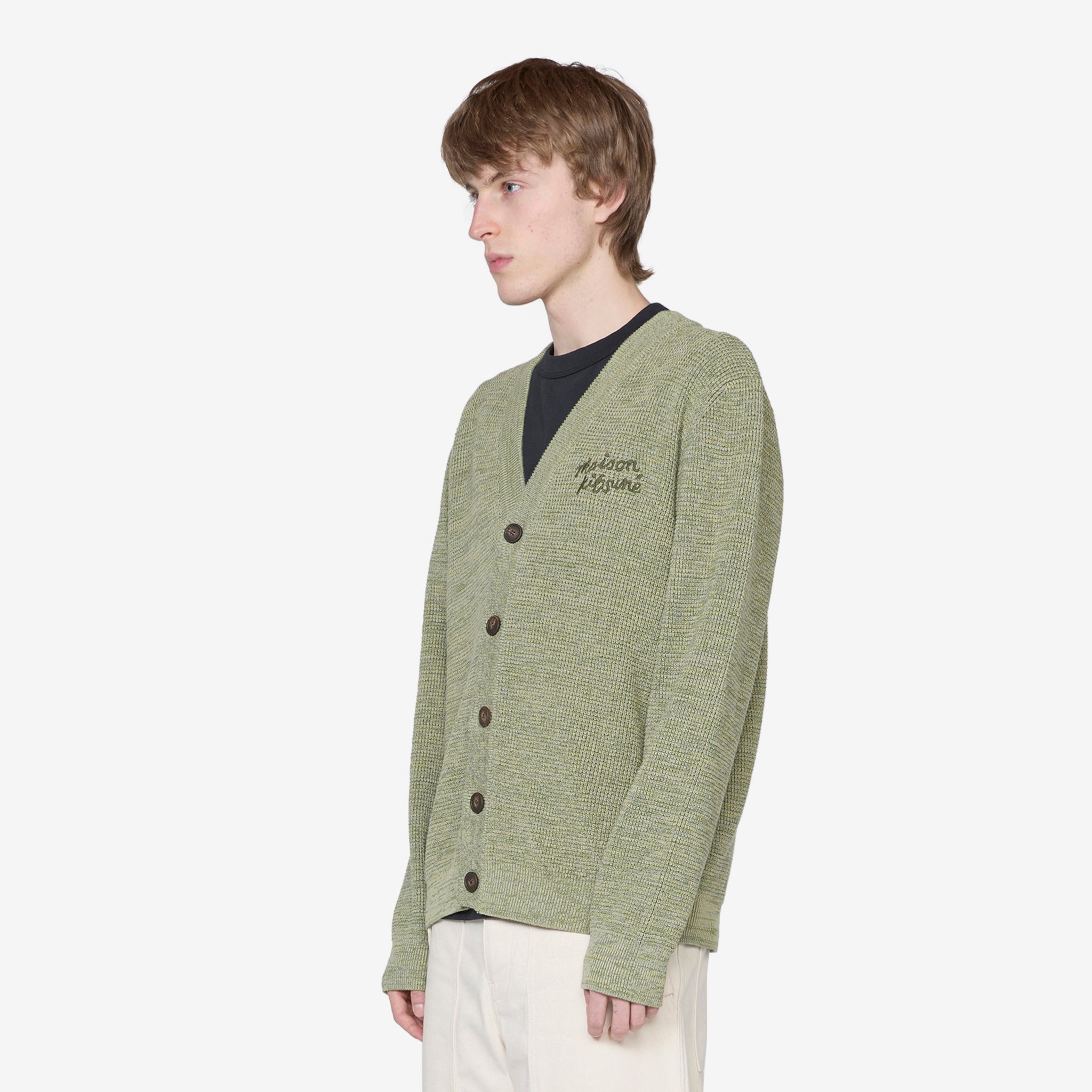 Maison Kitsuné Handwriting Comfort Cardigan Khaki Green Melange