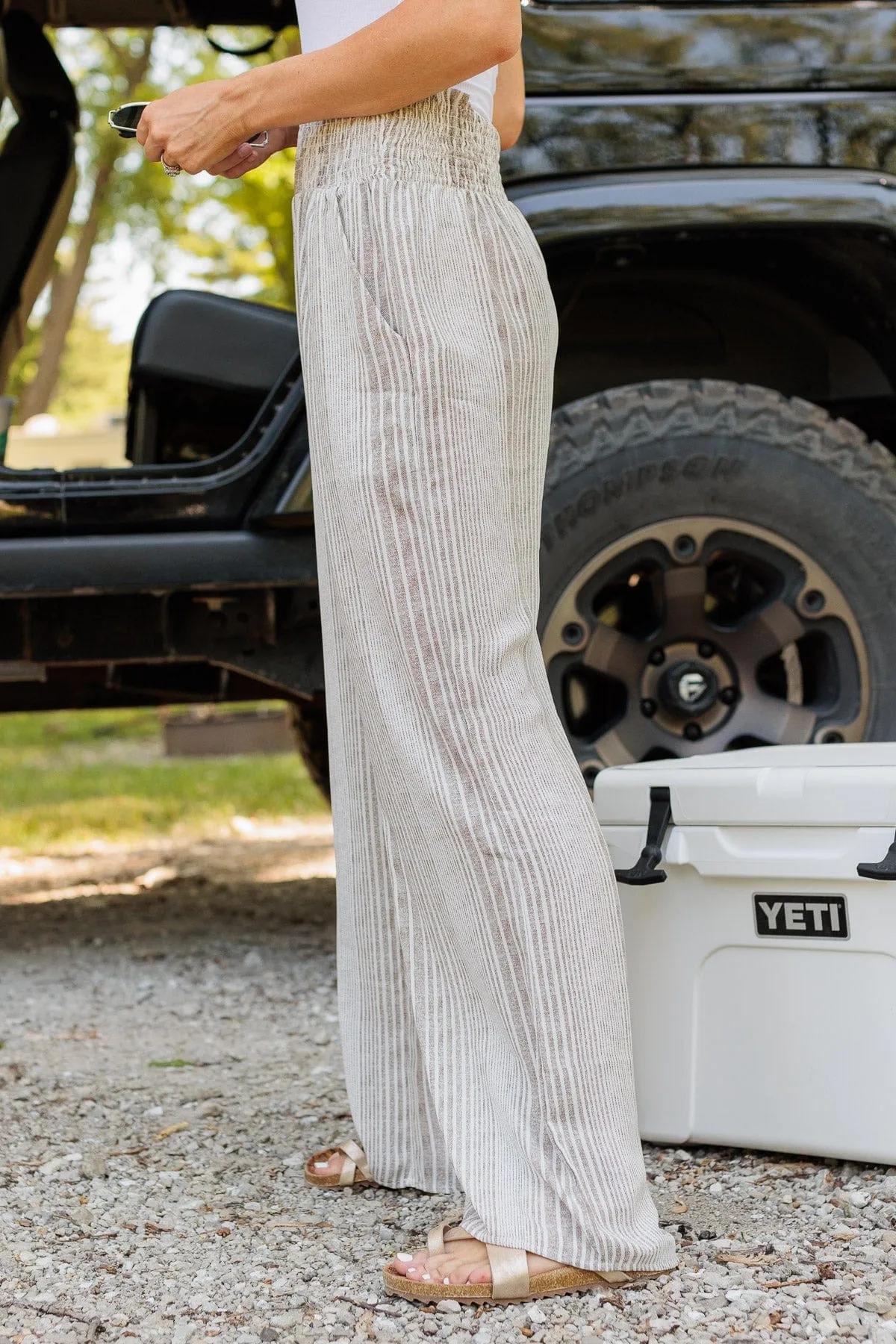 Making Ripples Striped Wide Leg Pants- Taupe