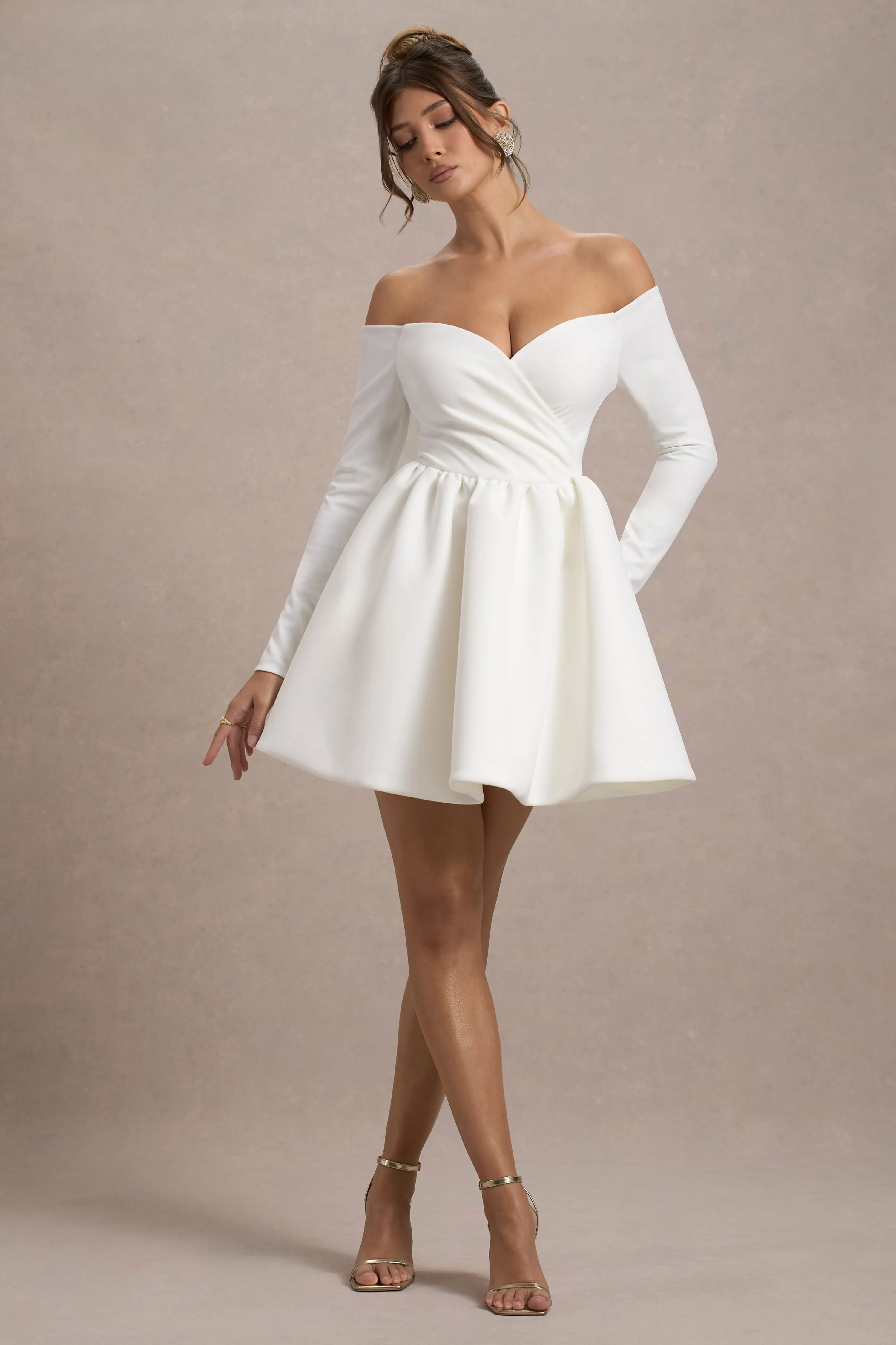 Marta | White Bardot Long-Sleeve Mini Dress