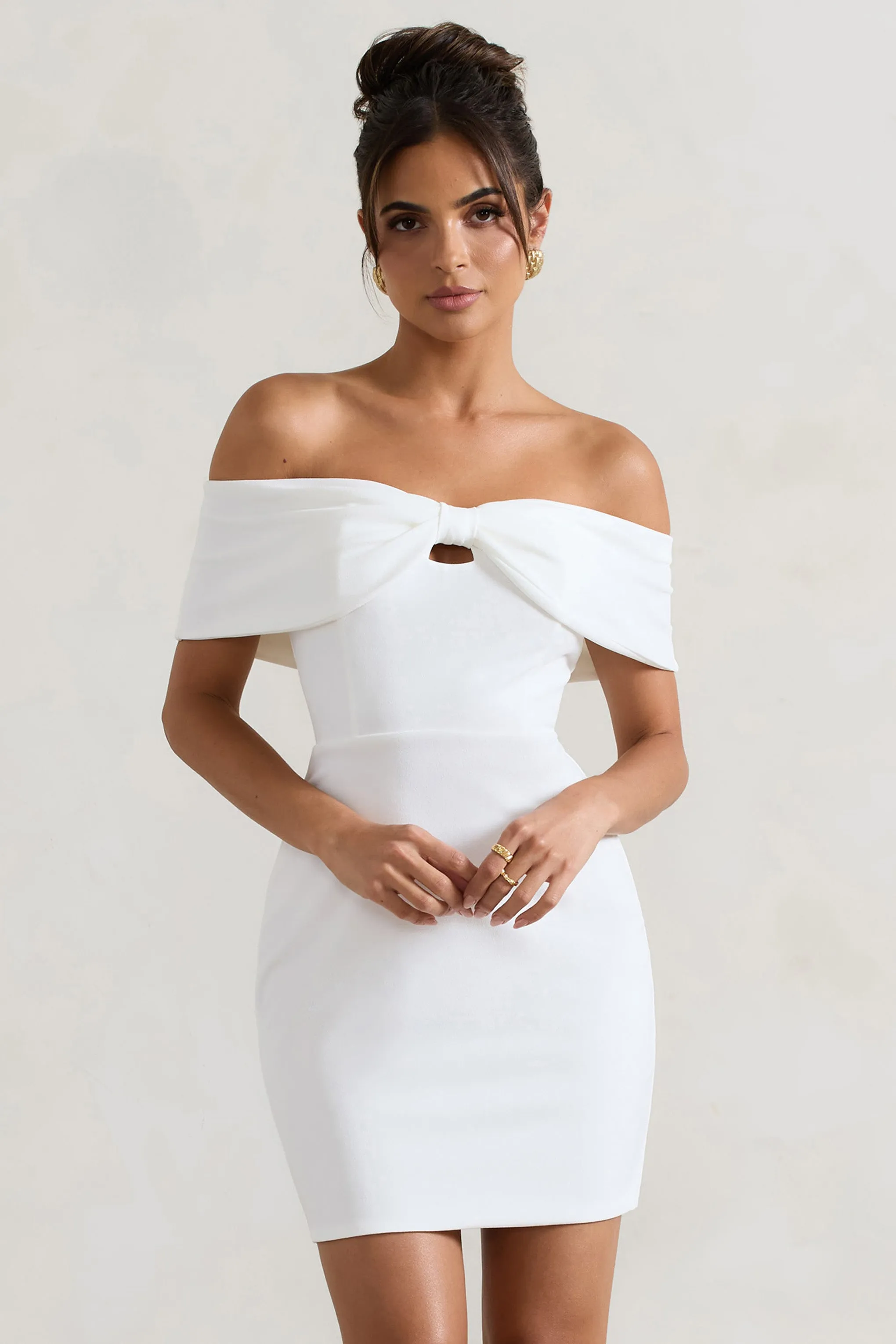 Megan | White Bow Bardot Mini Dress