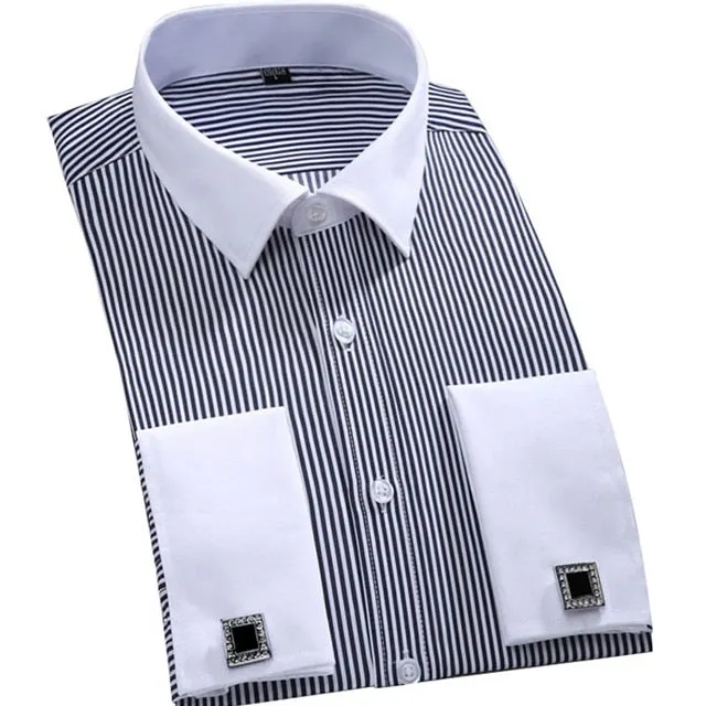 Men's Striped Long Sleeve Classic French Cuffs Single Patch Pocket Shirt