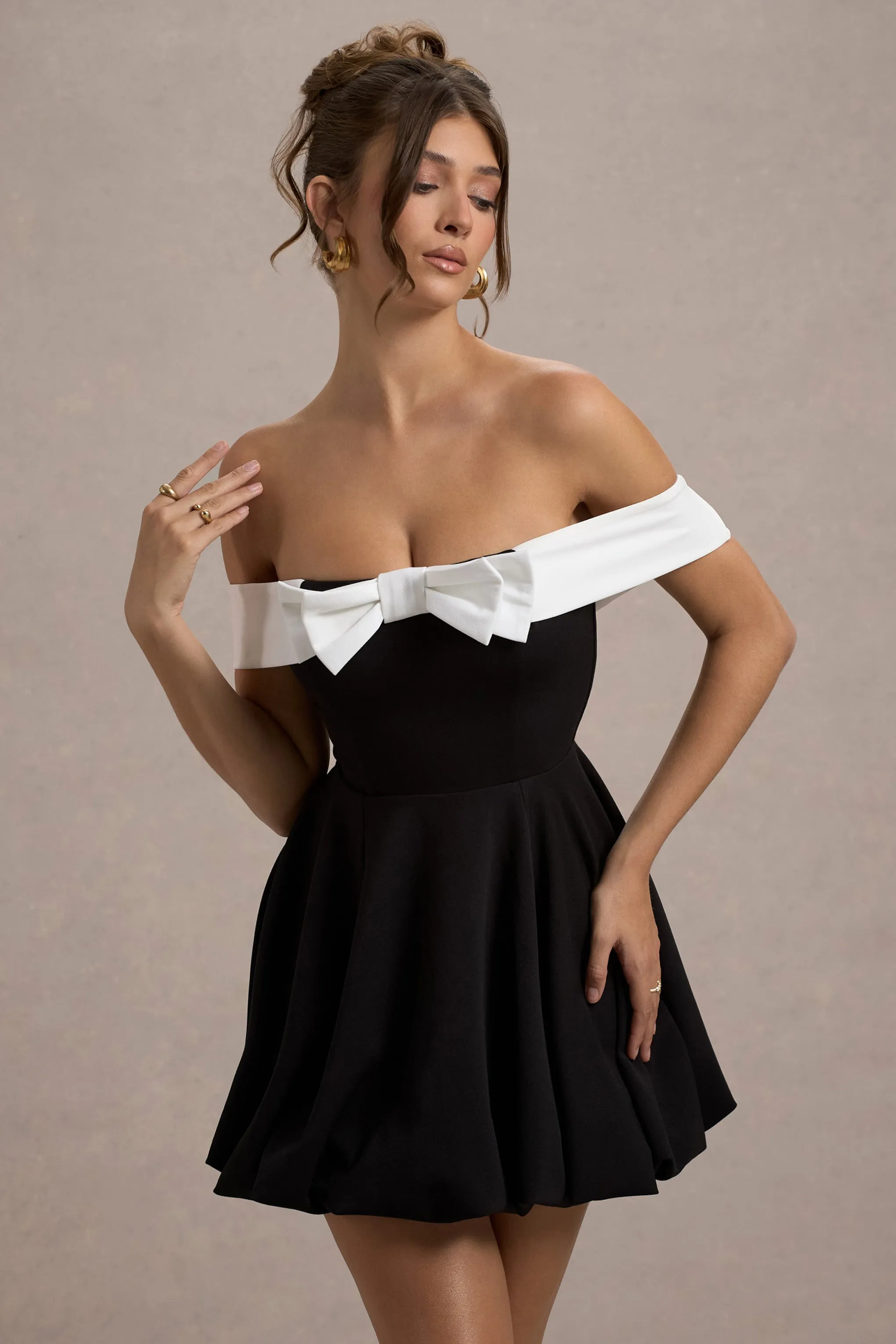 Minimoiselle | Black & White Bow Bardot Mini Dress With Puff-Ball Skirt