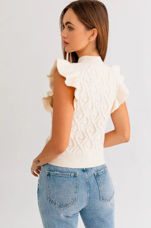 Mock Neck Ruffle Sleeve Cable Tank