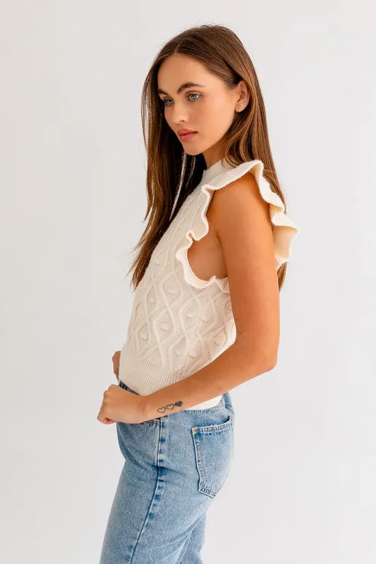 Mock Neck Ruffle Sleeve Cable Tank