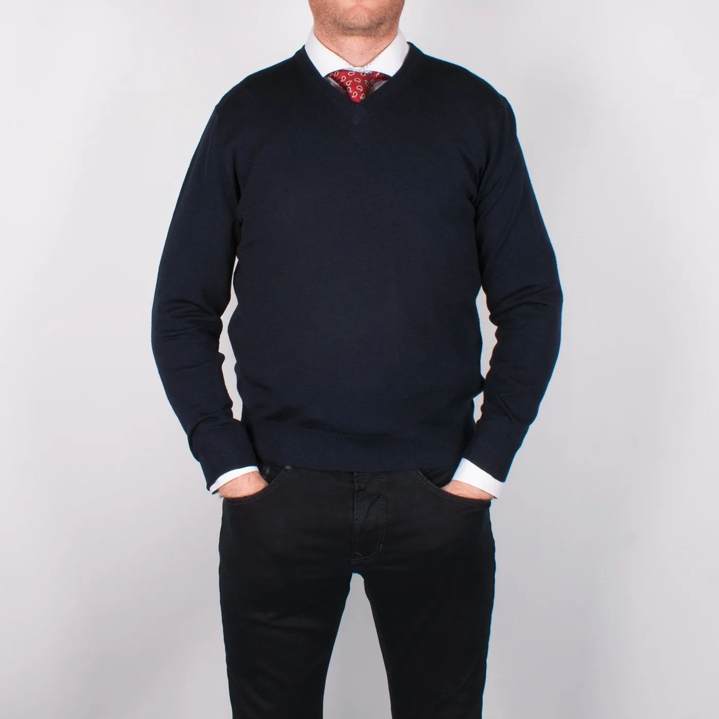 Navy Merino V-neck Sweater