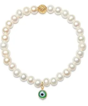 Nialaya Women's Wristband With White Pearls And Green Evil Eye Charm