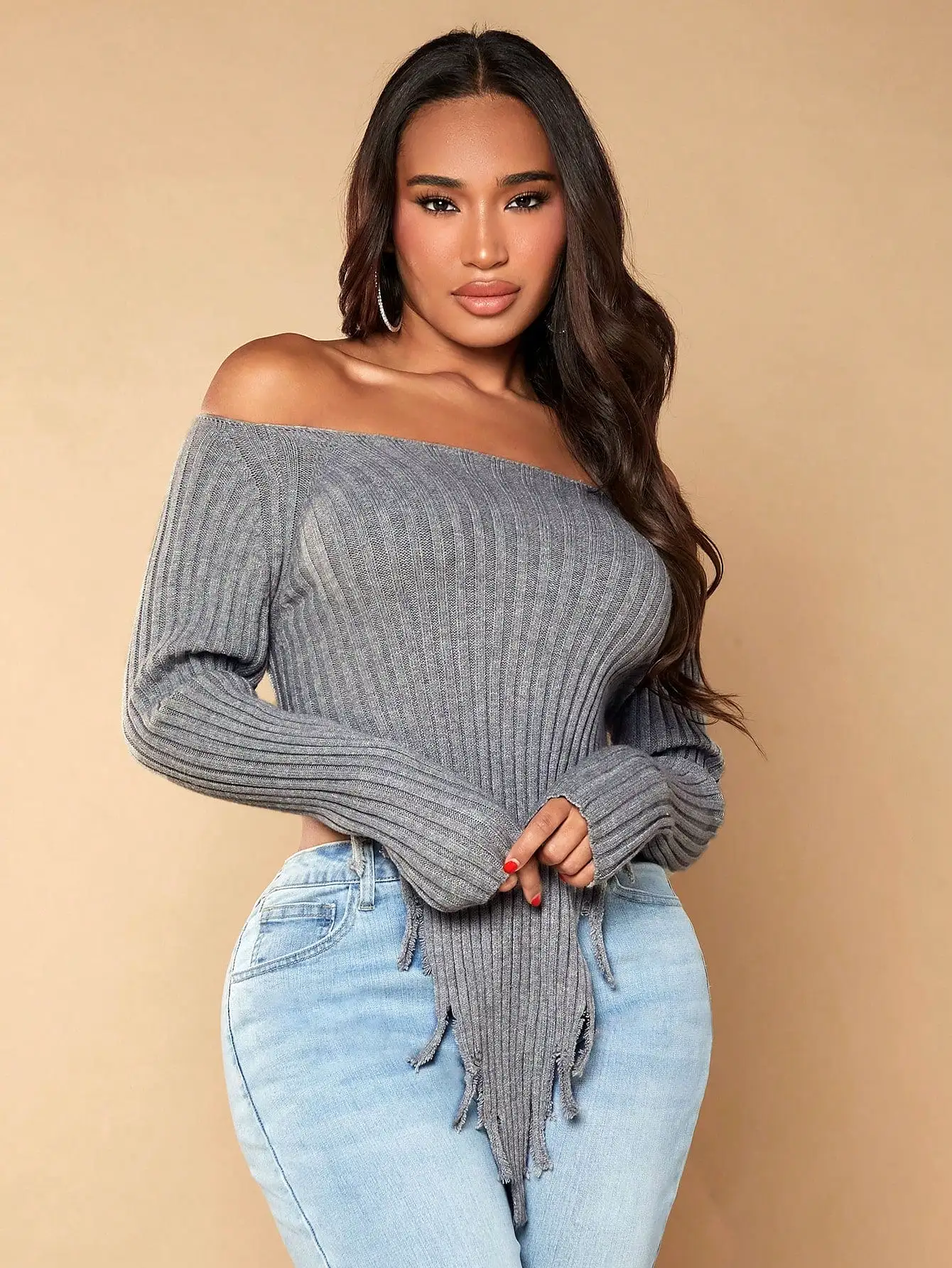 Off the Shoulder Asymmetrical Crop Sweater