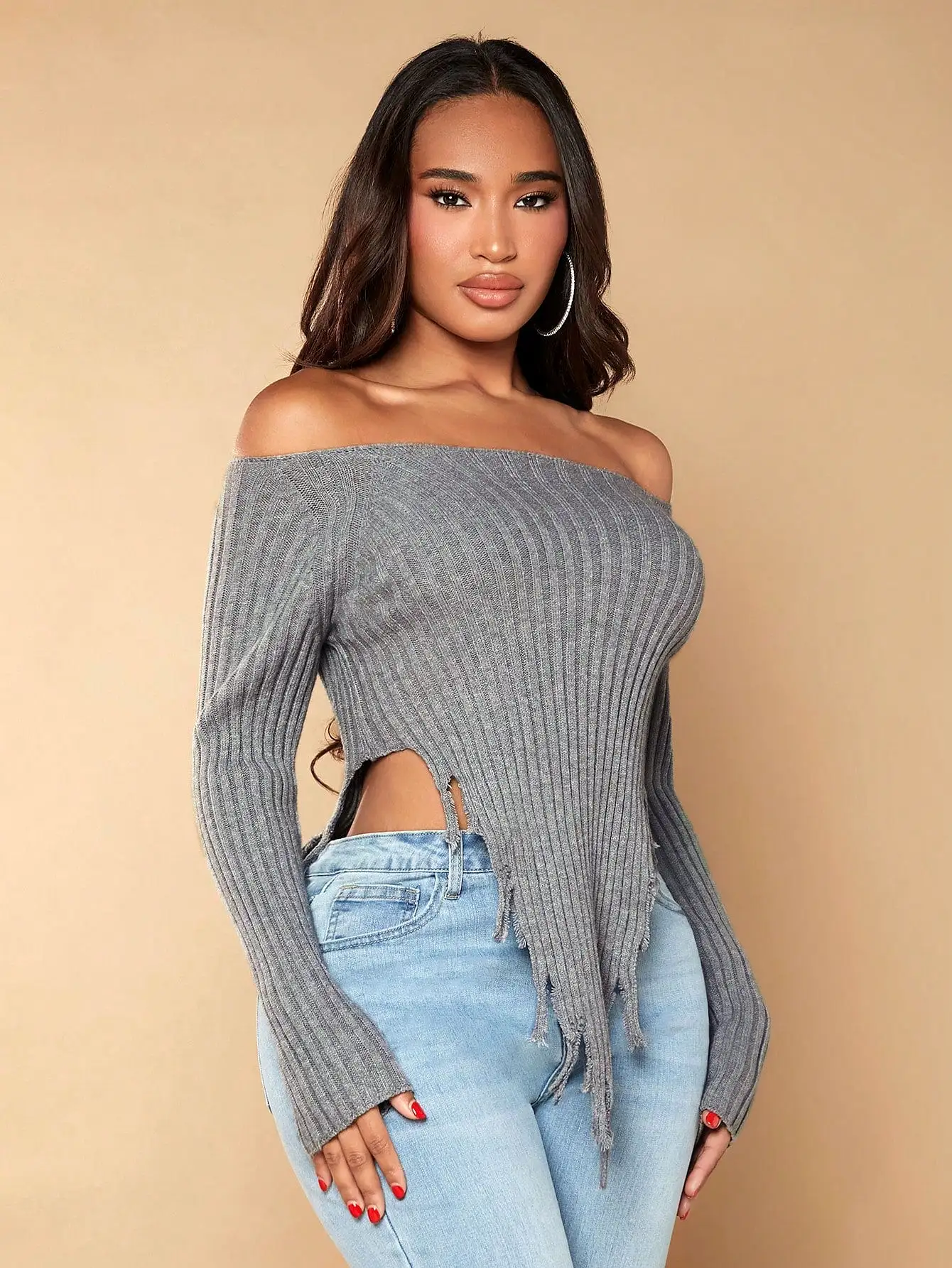 Off the Shoulder Asymmetrical Crop Sweater