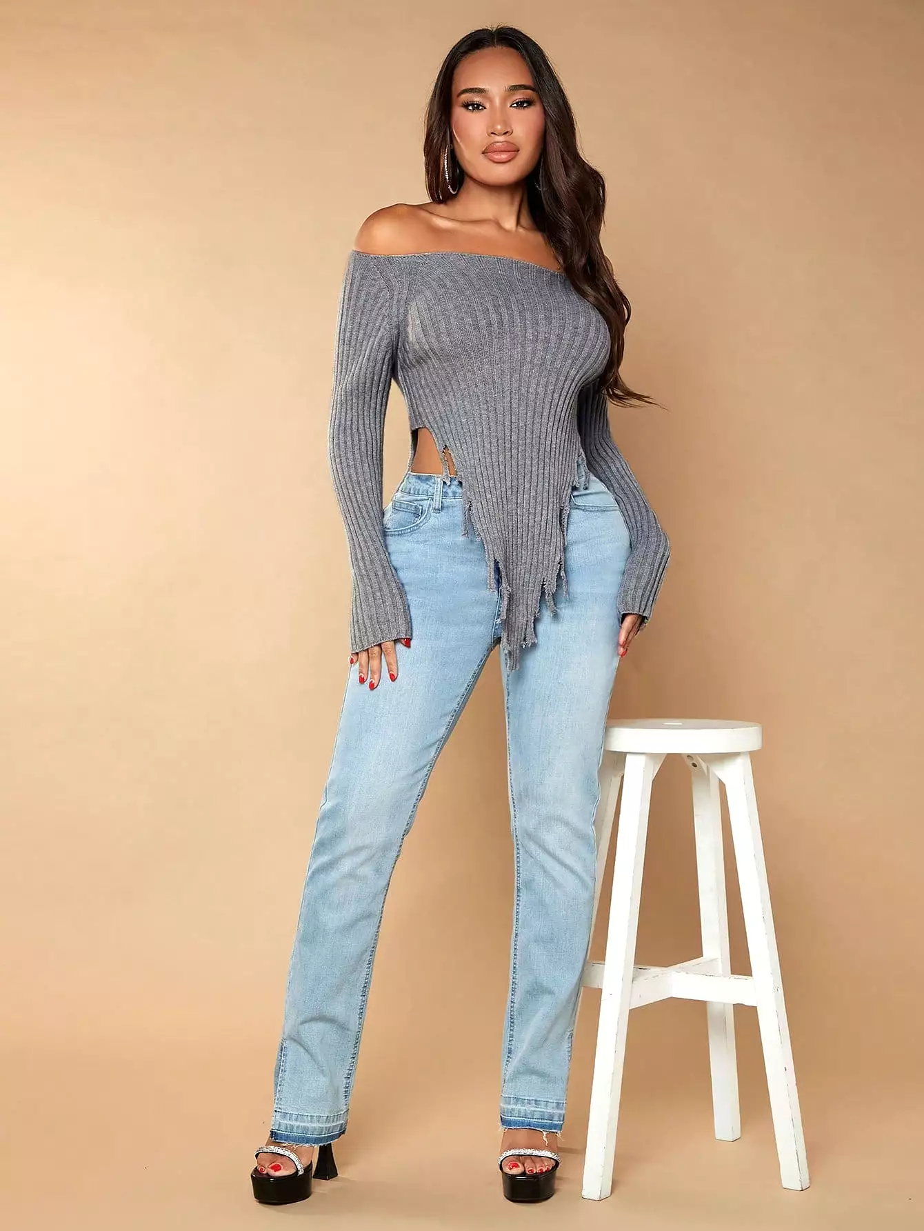 Off the Shoulder Asymmetrical Crop Sweater