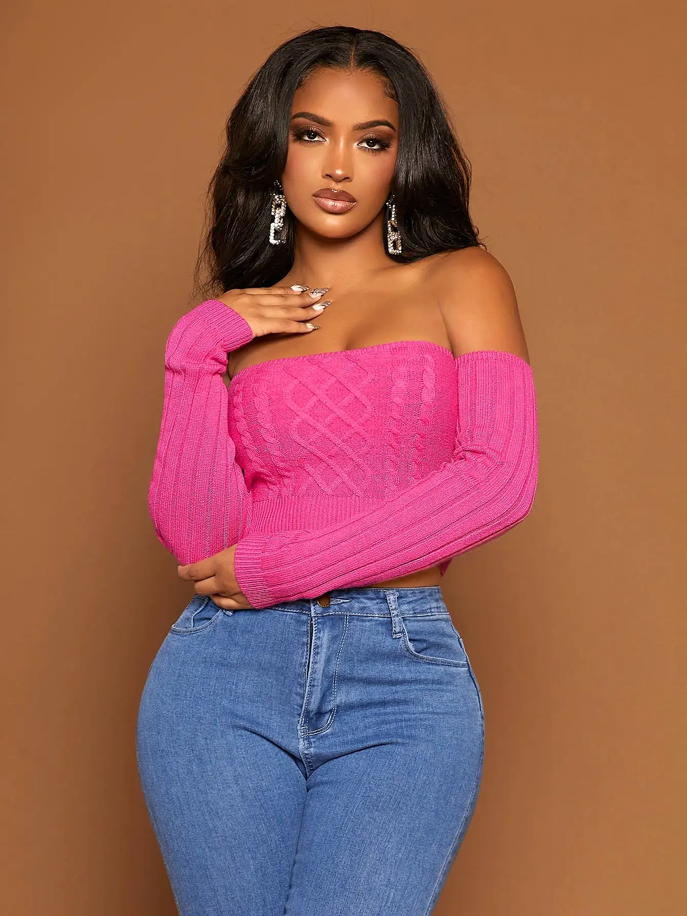 Off The Shoulder Cable Knit Crop Sweater