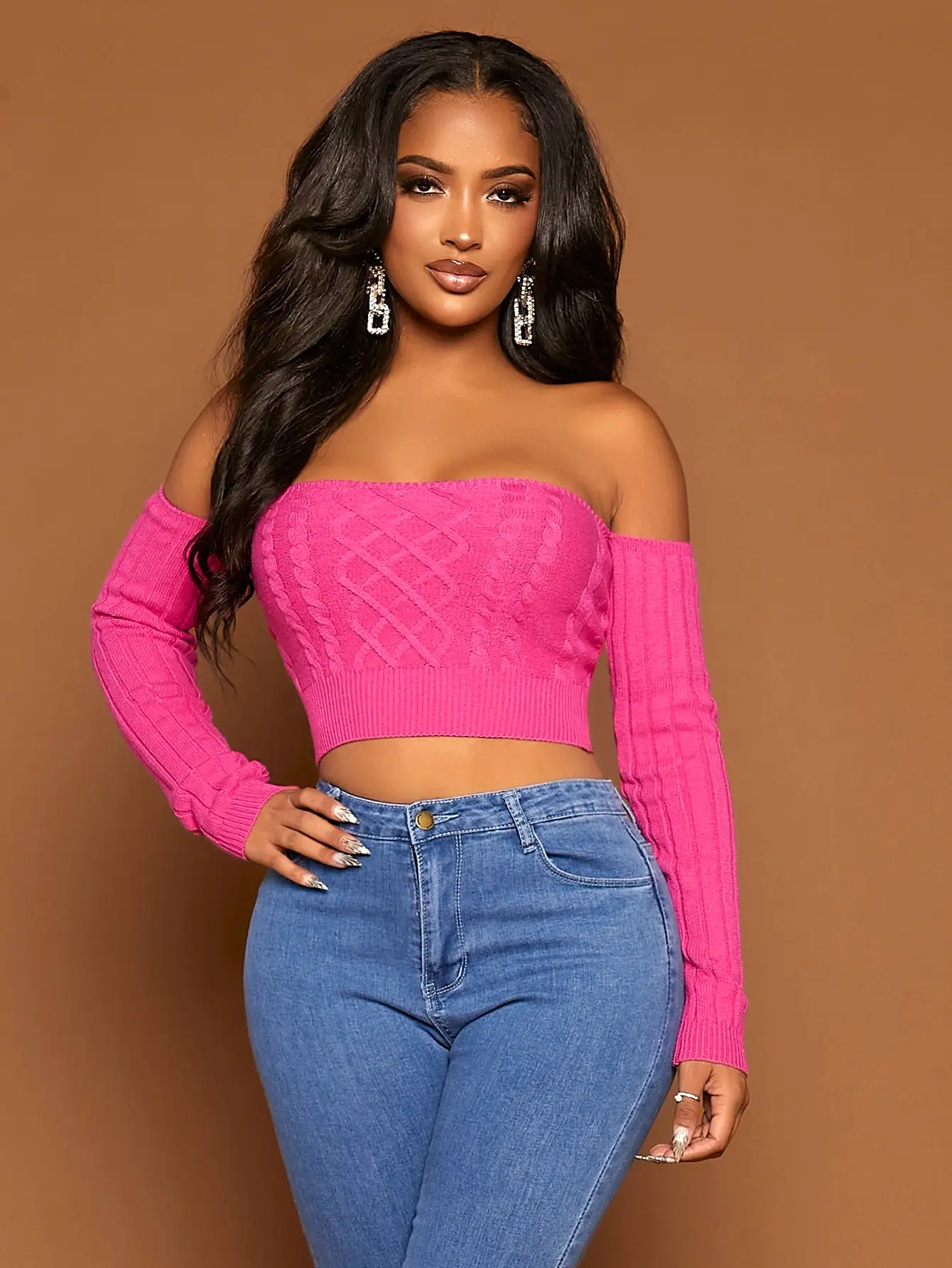 Off The Shoulder Cable Knit Crop Sweater