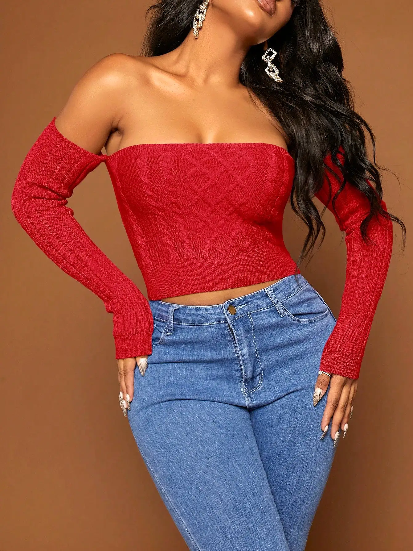 Off The Shoulder Cable Knit Crop Sweater