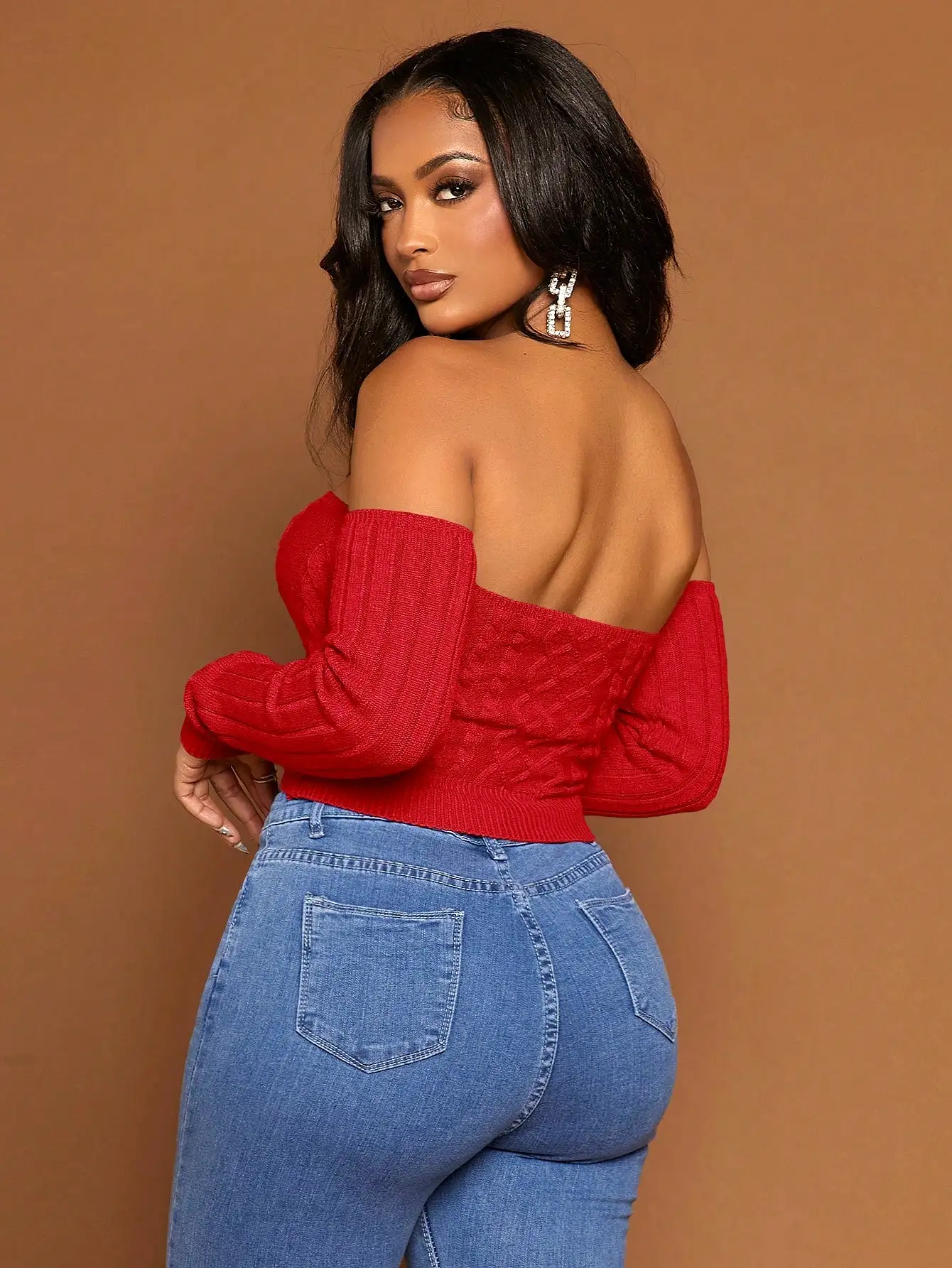 Off The Shoulder Cable Knit Crop Sweater