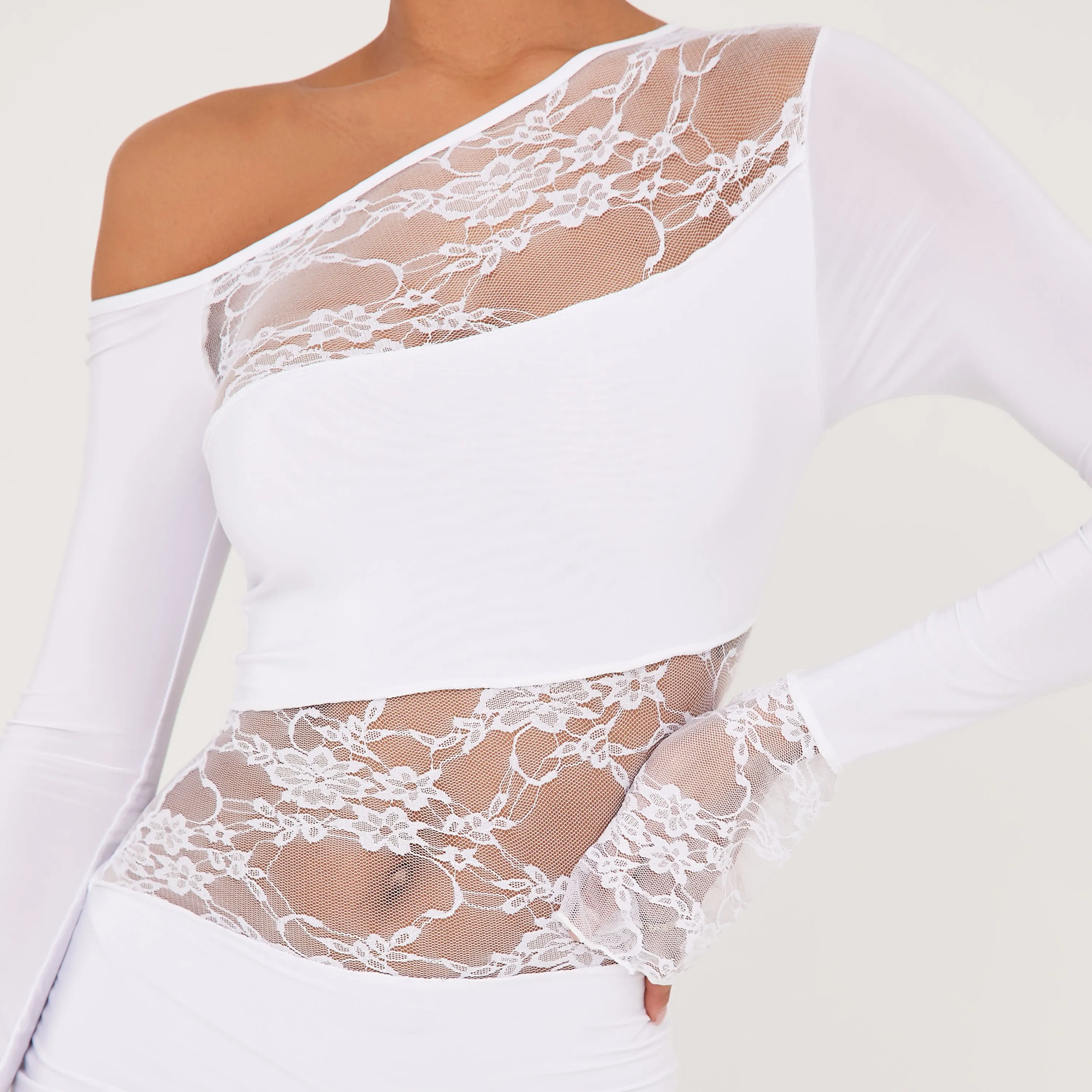 Off The Shoulder Lace Insert Detail Mini Bodycon Dress In White