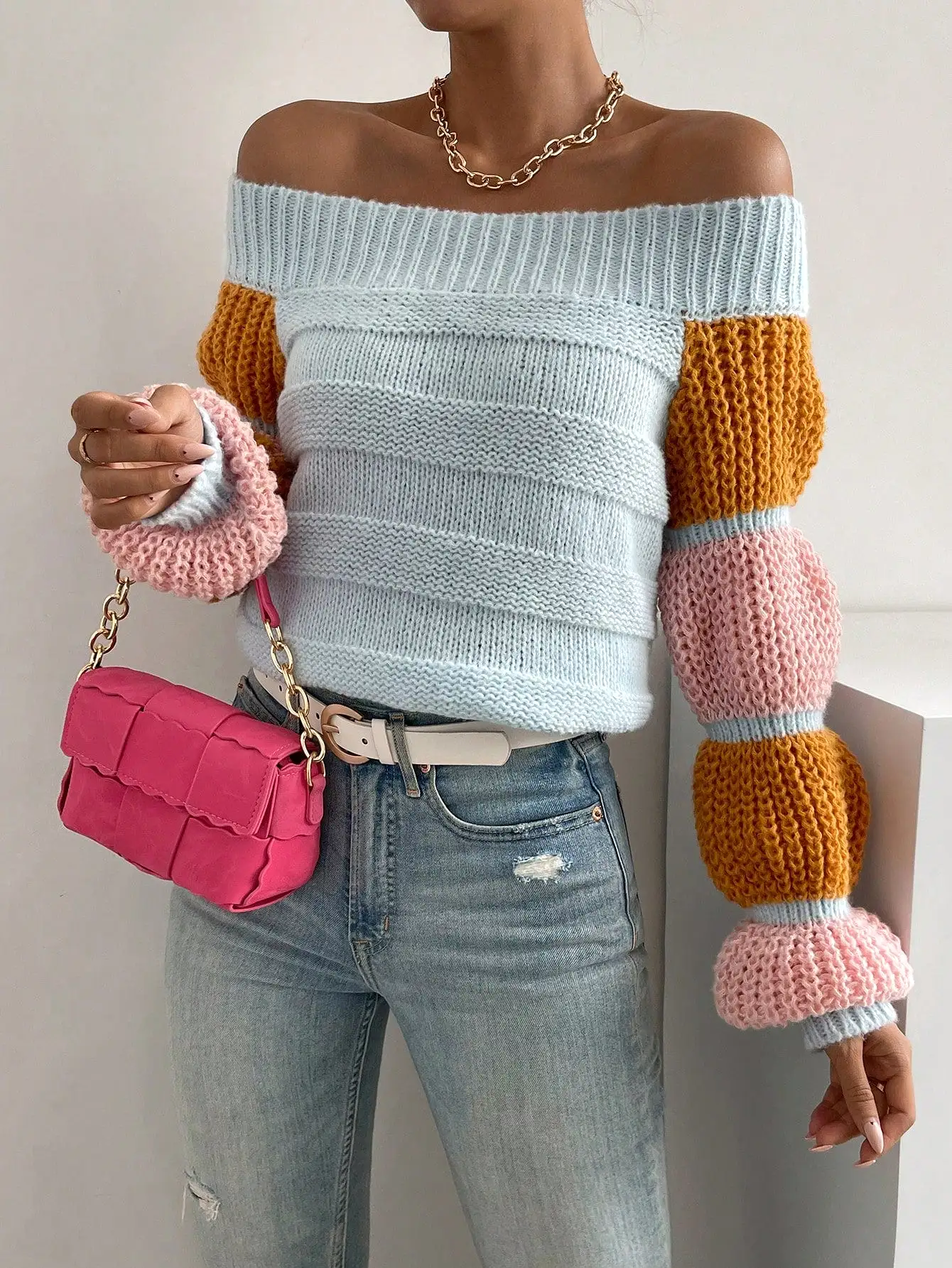 Off the Shoulder Lantern Sleeve Sweater