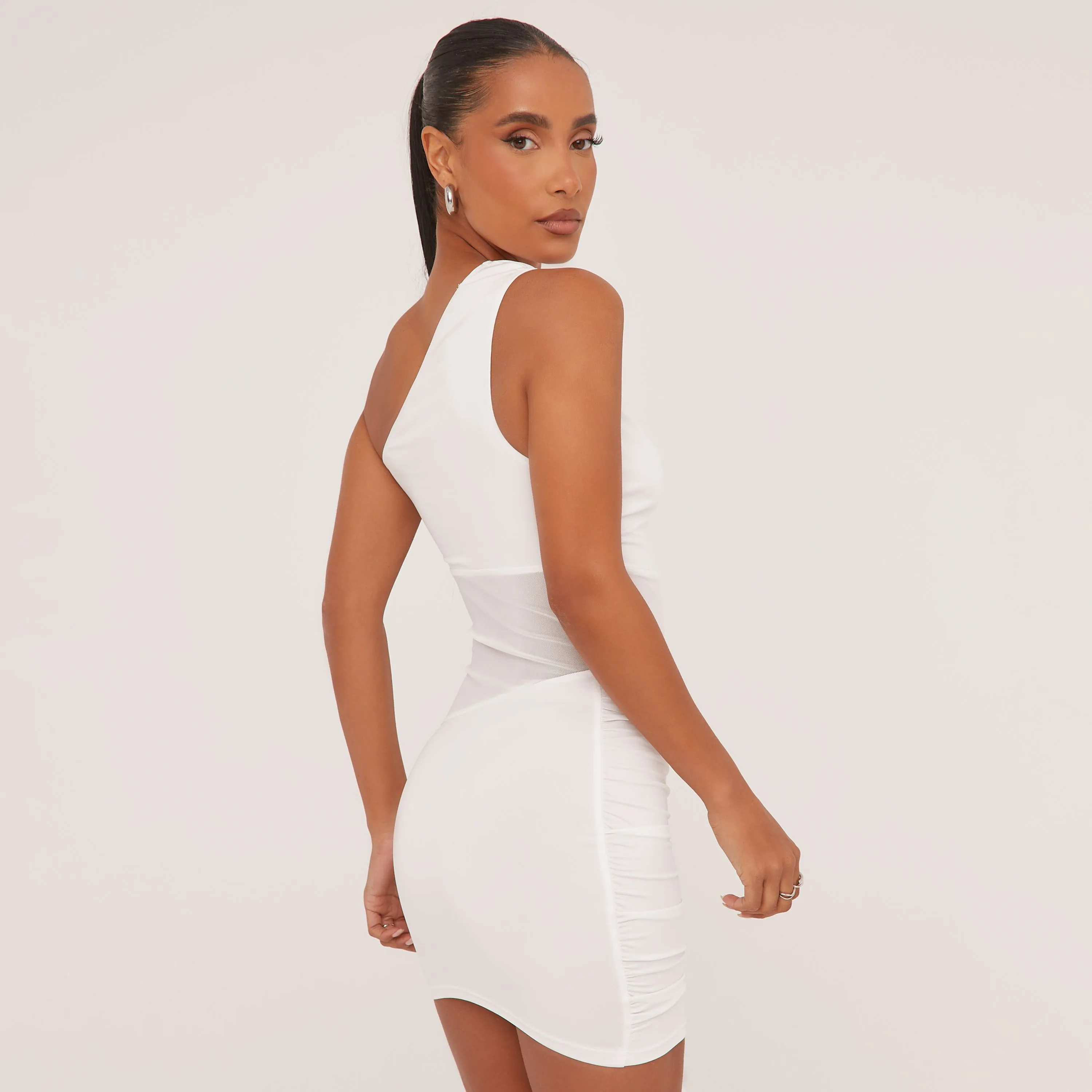 One Shoulder Rose Drape Detail Mini Bodycon Dress In White Mesh