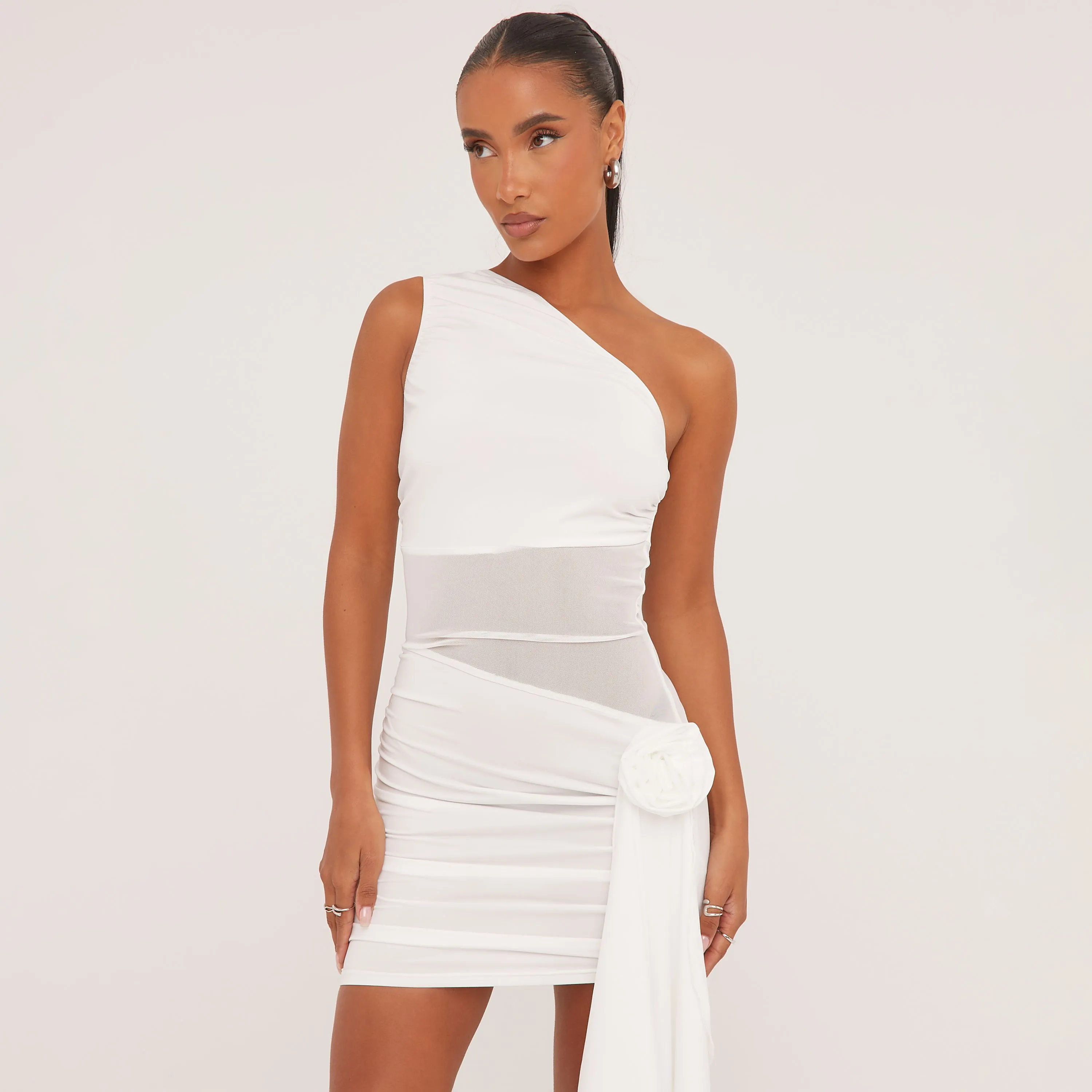 One Shoulder Rose Drape Detail Mini Bodycon Dress In White Mesh