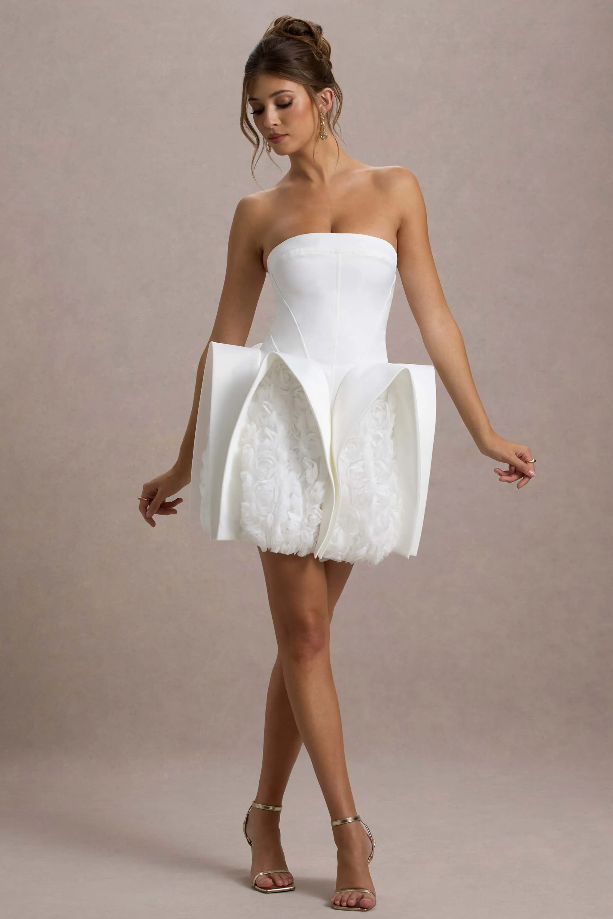 Orchid Oasis | White Bandeau Mini Dress With Puff Floral Hem