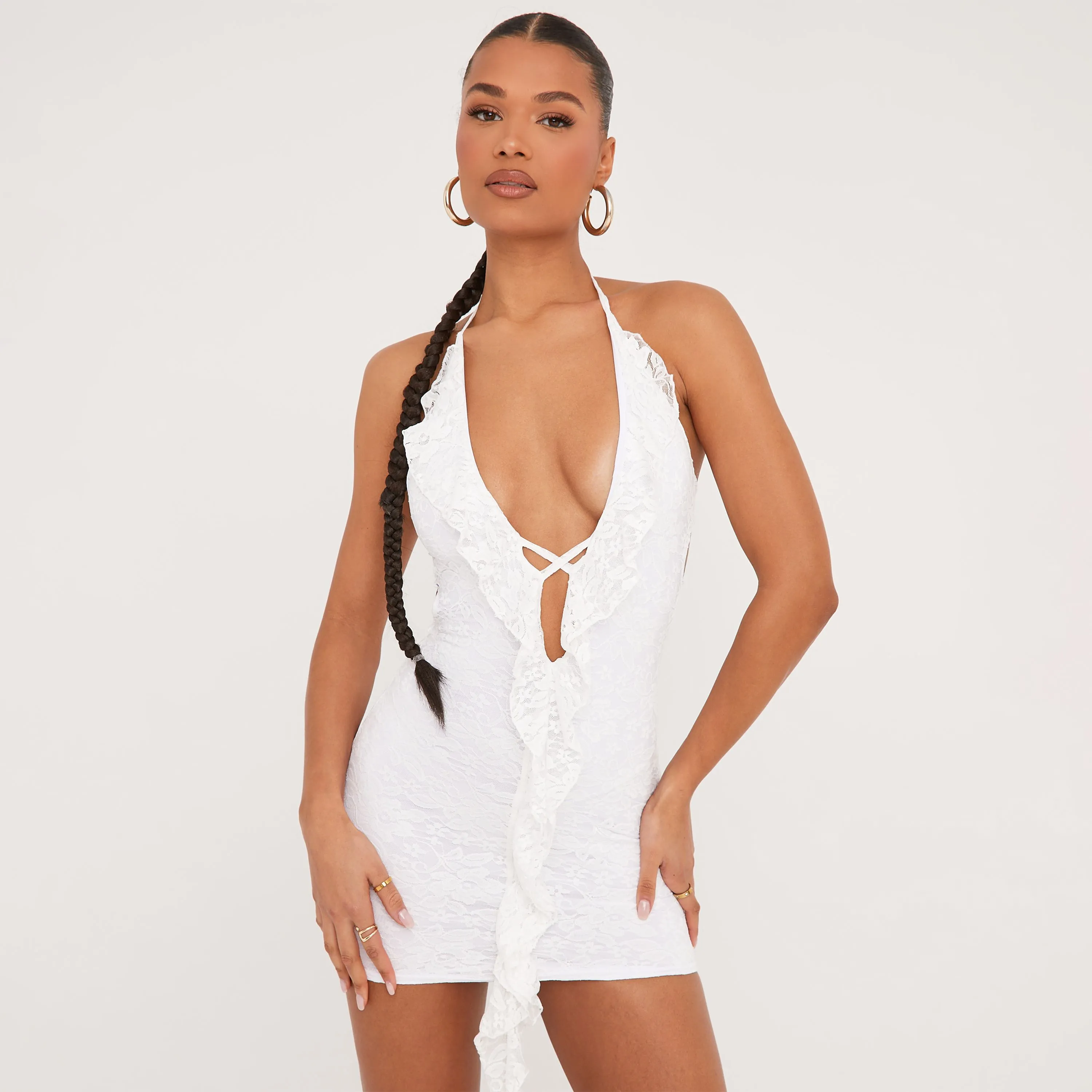 Plunge Halterneck Frill Detail Mini Bodycon Dress In White Lace