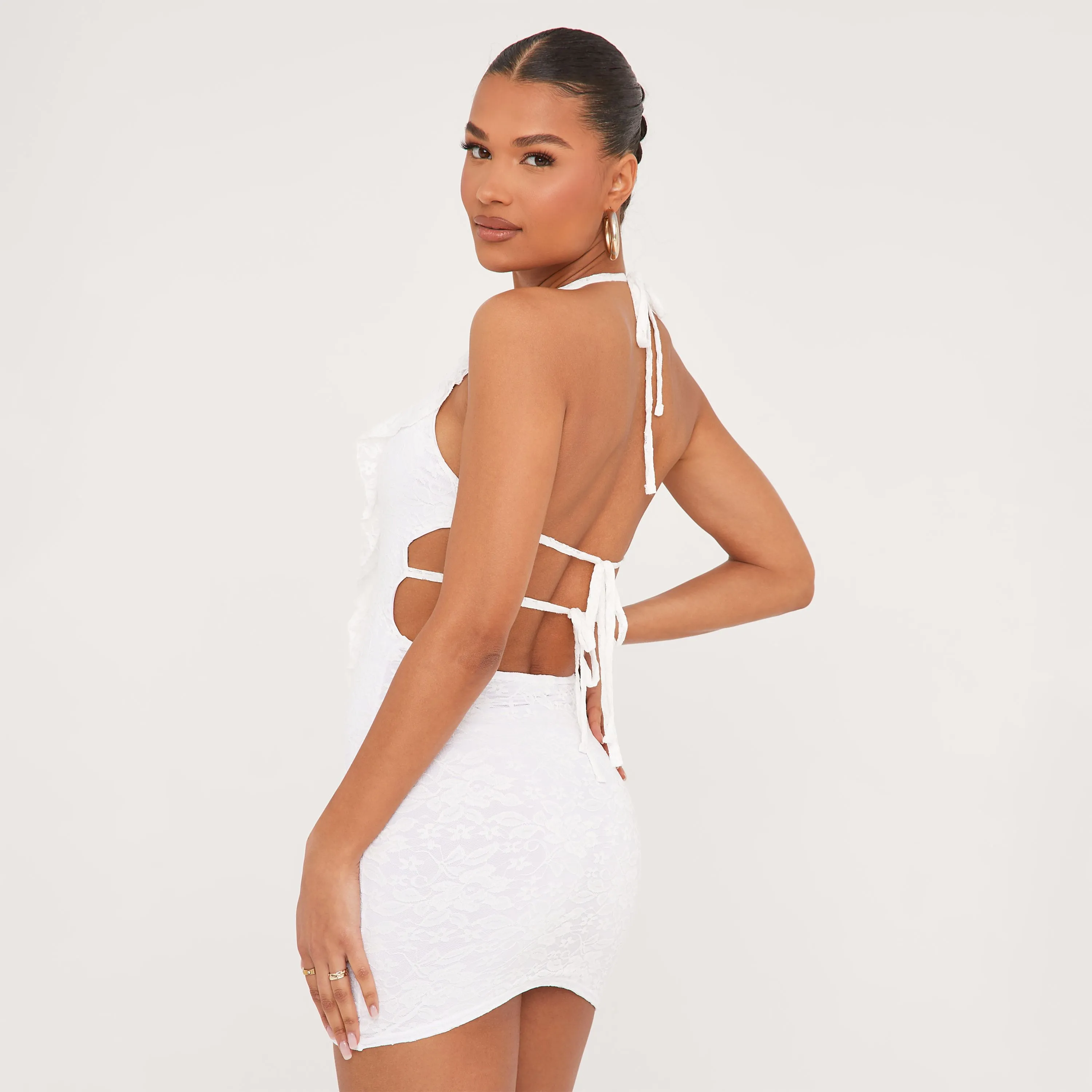 Plunge Halterneck Frill Detail Mini Bodycon Dress In White Lace