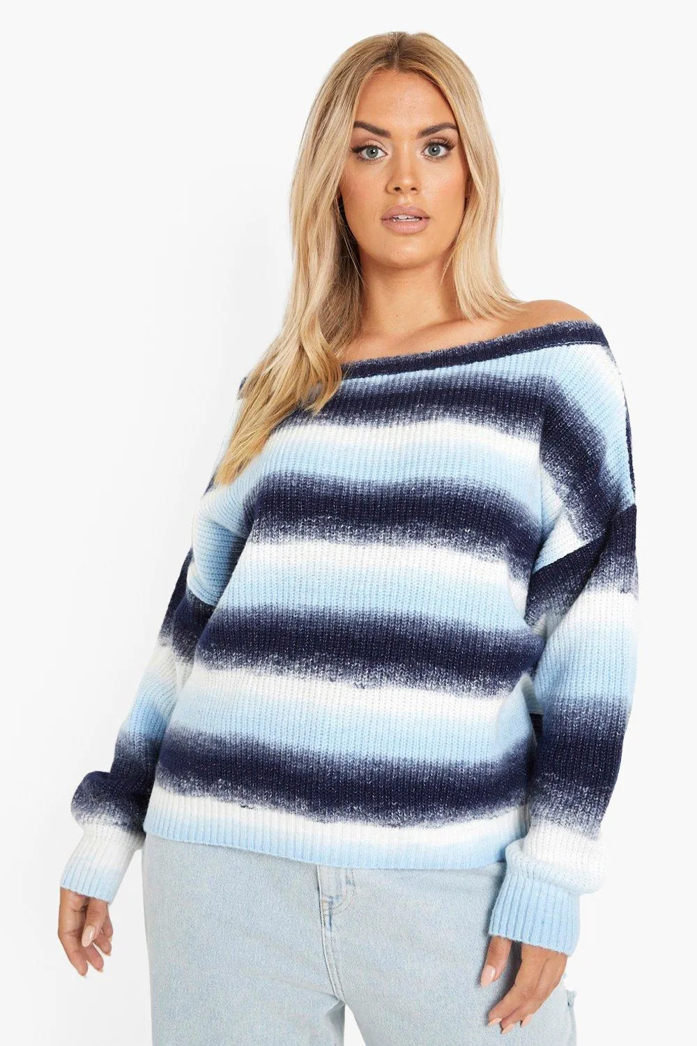 Plus Fluffy Knit Ombre Slash Neck Sweater