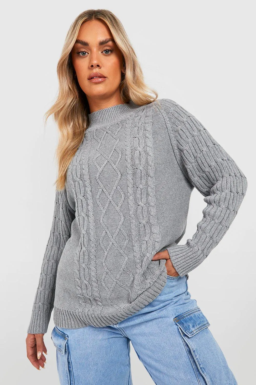 Plus Recycled Balloon Sleeve Cable Knit Sweater